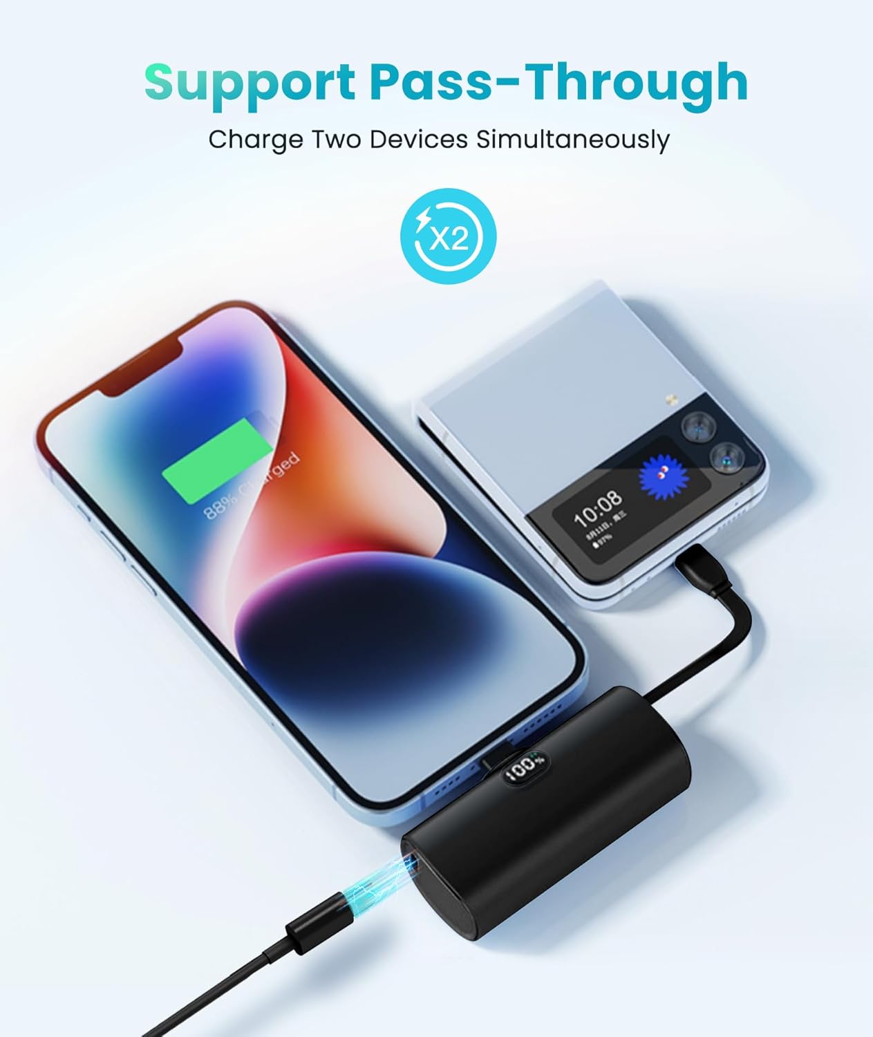Banco de energía pequeño cable USB C integrado para iPhone 15 Pro Max, cargador portátil de 5000 mAh, batería trasera USB C, cargador ultracompacto