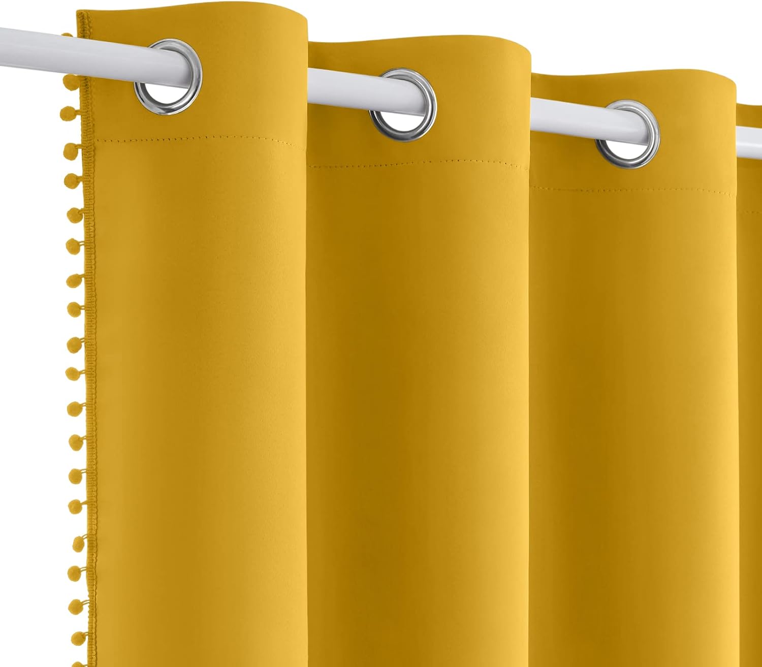 HOMEIDEAS Cortinas opacas con pompones, color amarillo mostaza, de 52 x 63 pulgadas, bonitas cortinas para niños, cuarto de bebé, con ojales, para