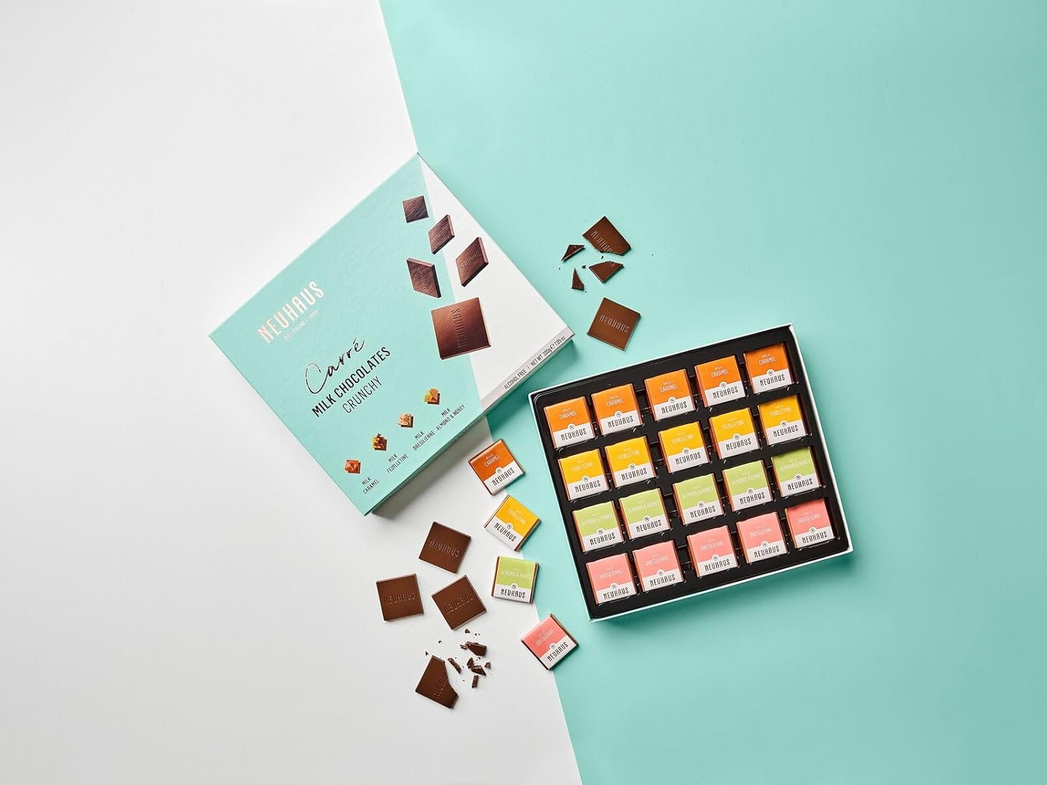 Neuhaus Caja de leche belga Carré de chocolate  40 chocolates con leche Neuhaus Carrés  4 variedades de leche crujiente  Envueltos individualmente