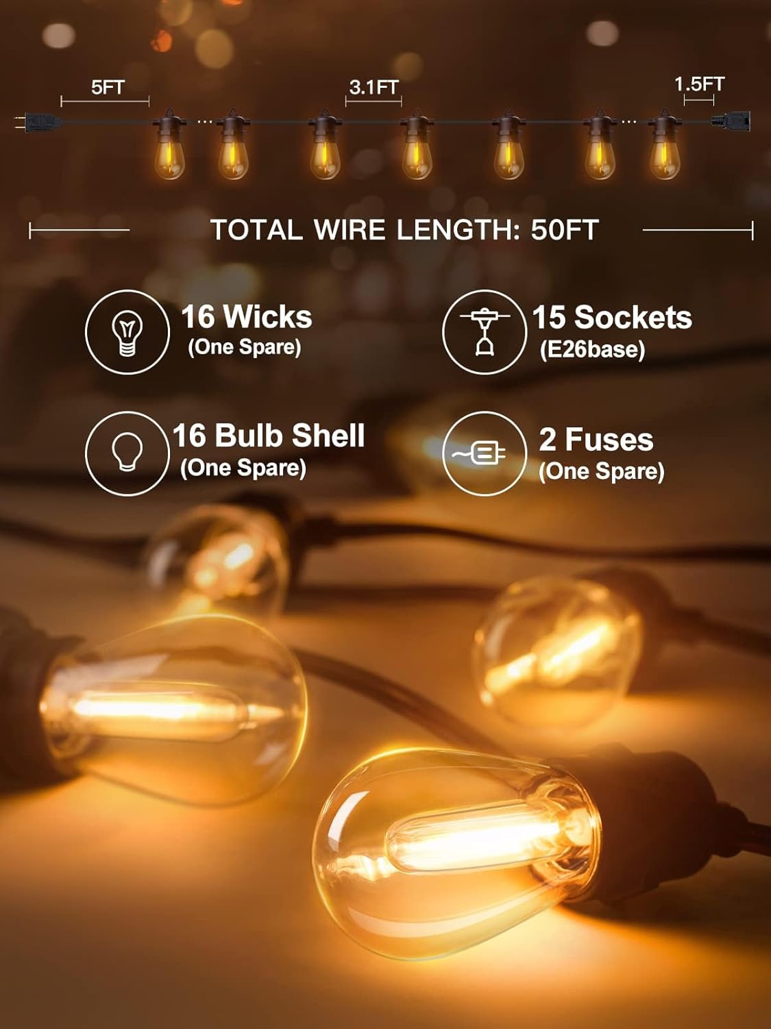 addlon Tira de luces LED de 50 pies para exteriores, control de temporizador con bombillas Edison inastillables, hilo resistente a la intemperie,
