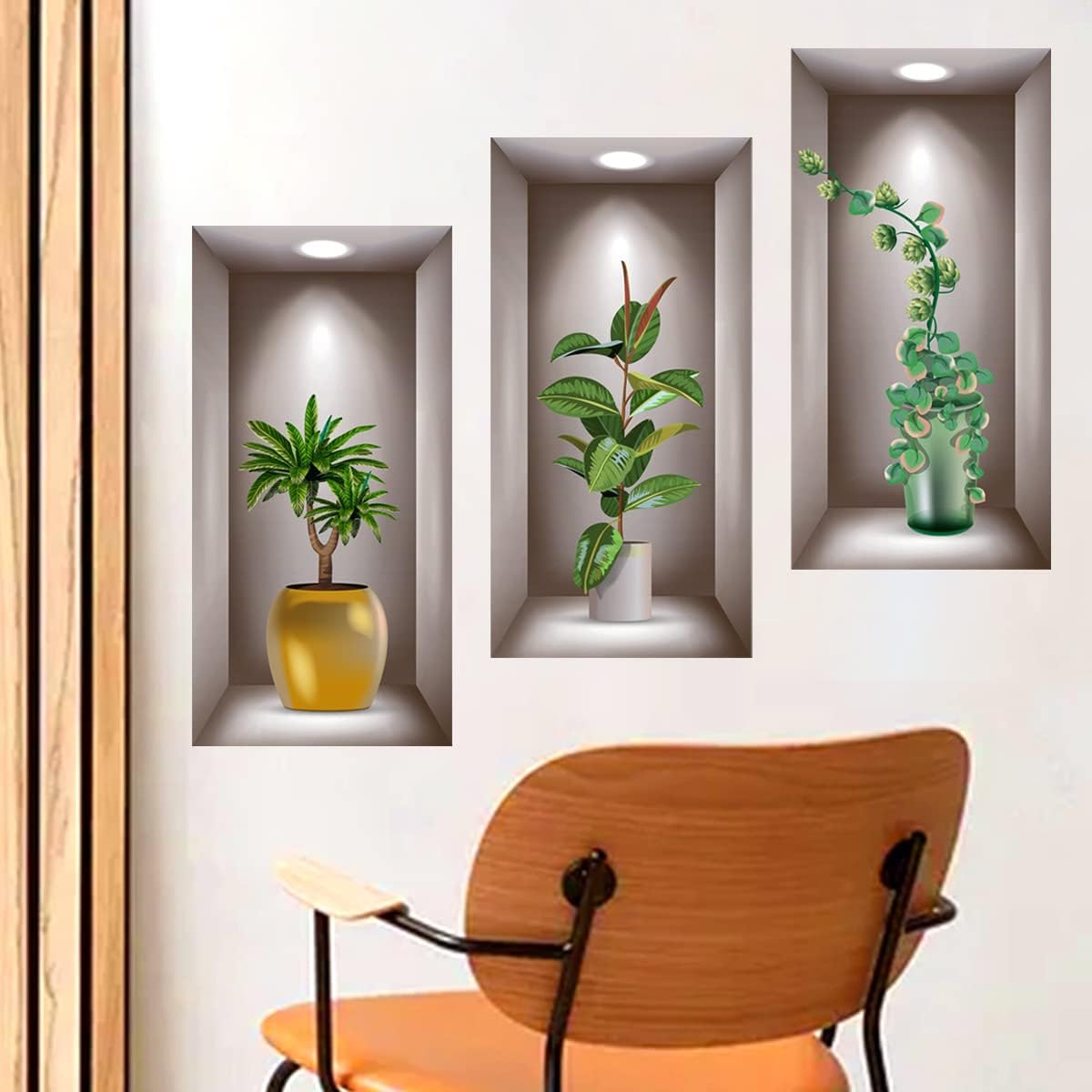 Calcomanías de pared con plantas verdes 3D, 3 hojas de vinilo 3D removibles para pared, decoración de pared para sala de estar, oficina