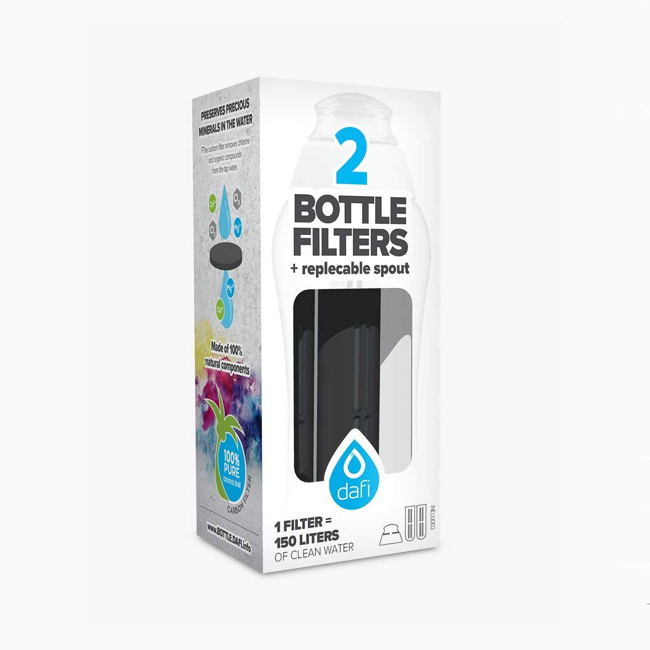 DAFI Filtros para botellas de agua y repuestos de tapa, color negro, paquete de 2, duran hasta 60 días, filtro de agua para senderismo, botella de