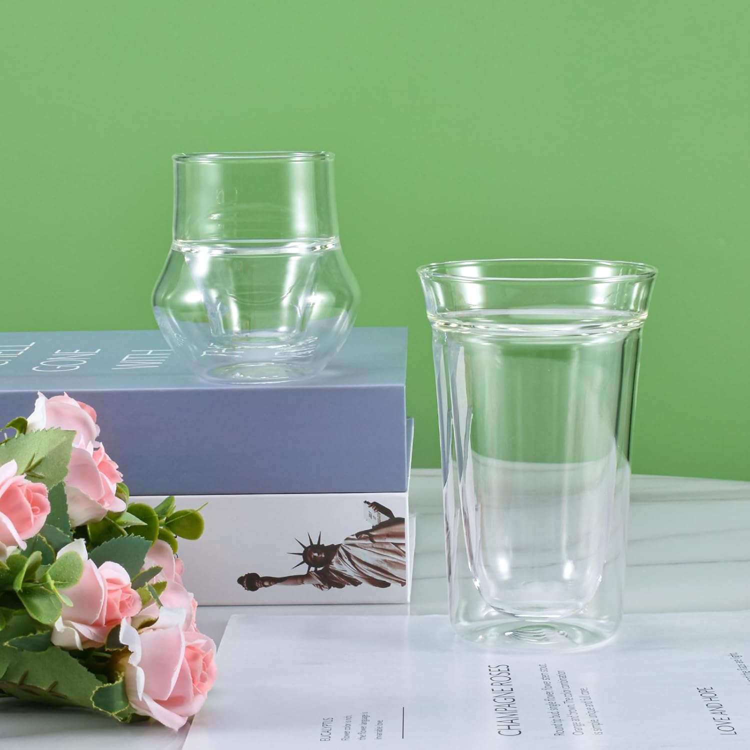 Koythin Taza de café de vidrio de doble pared, taza de café expreso, tazas aisladas transparentes de doble capa, taza de vino de 4 onzas para té con
