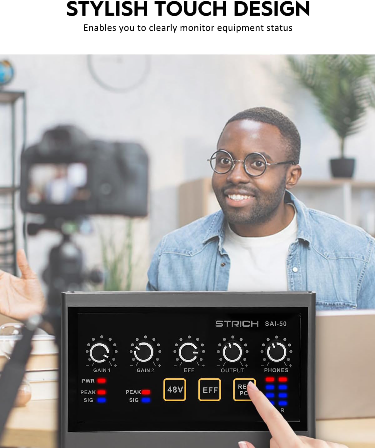 STRICH Interfaz de audio de grabación profesional 2×2 para computadora, modelo táctil, USB 2.0 para transmisión en vivo, podcasting, interfaz de