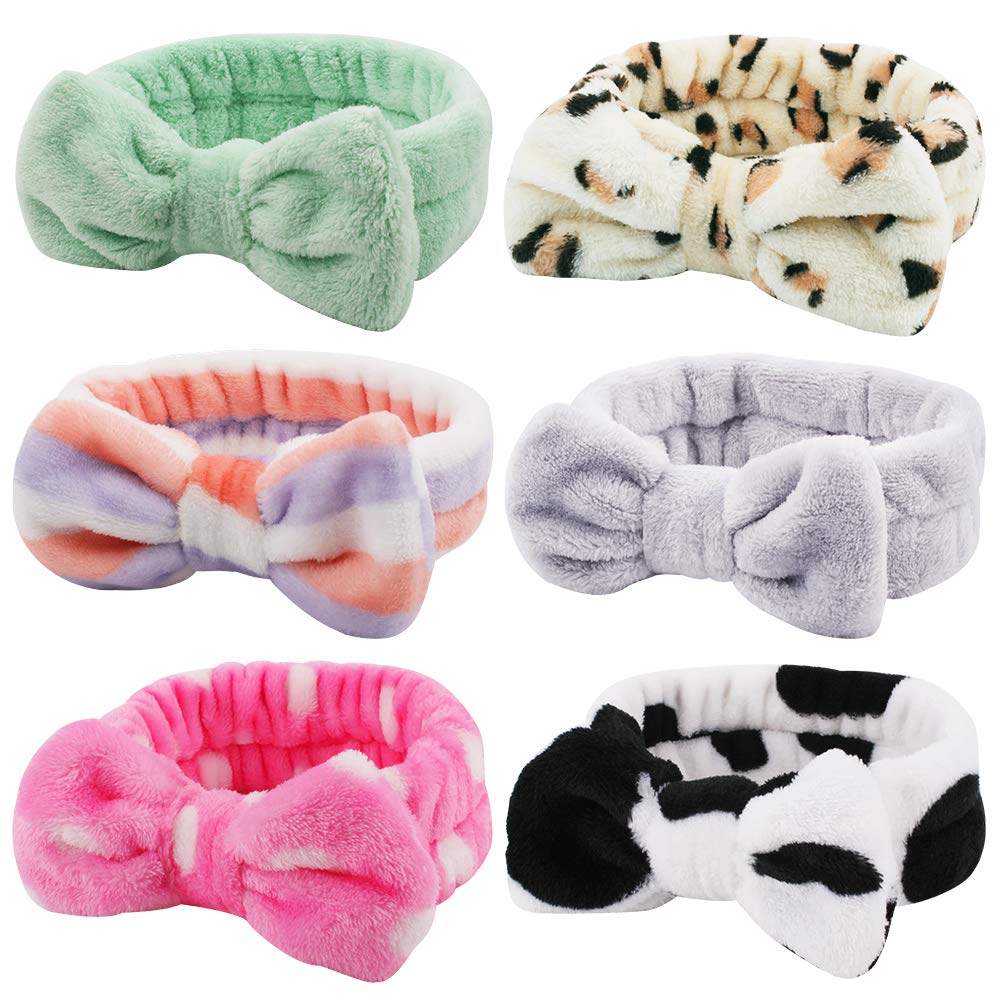 WHAVEL Paquete de 6 diademas de spa, diademas de microfibra con pajarita, diadema de maquillaje facial, diadema elástica suave con lazo para el
