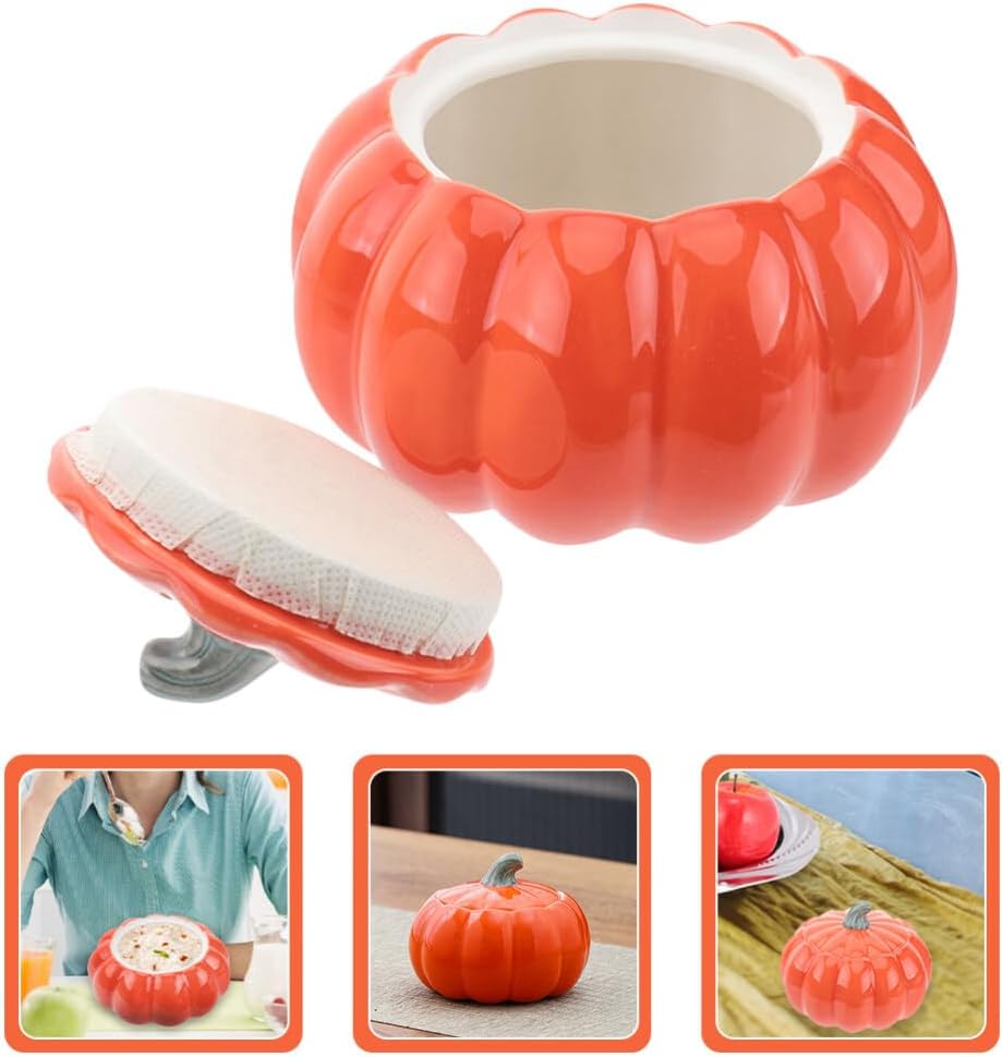 DOITOOL Cuenco de calabaza de Halloween con tapa, mini maceta de calabaza de 5 onzas, cuencos de sopa de calabaza de cerámica, mini horno naranja,