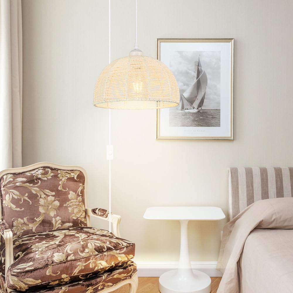 Worderdeng – Lámpara colgante de ratán enchufable, luces colgantes de 14.7 pies con estilo bohemio, lámpara colgante con pantalla de ratán de papel