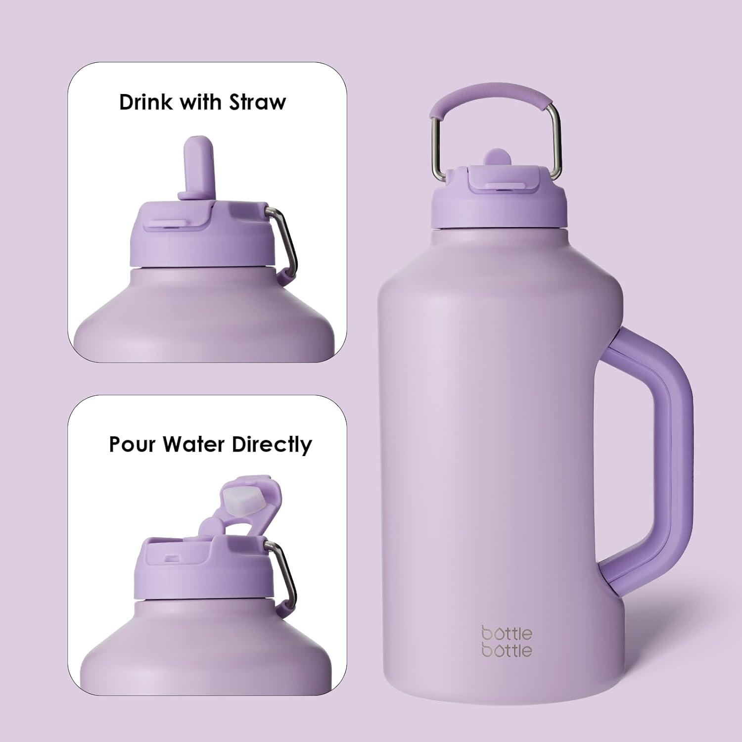 BOTTLE BOTTLE Botella de agua aislada de 64 onzas con popote y tapa de doble uso, botella de agua deportiva de acero inoxidable con asa al vacío de