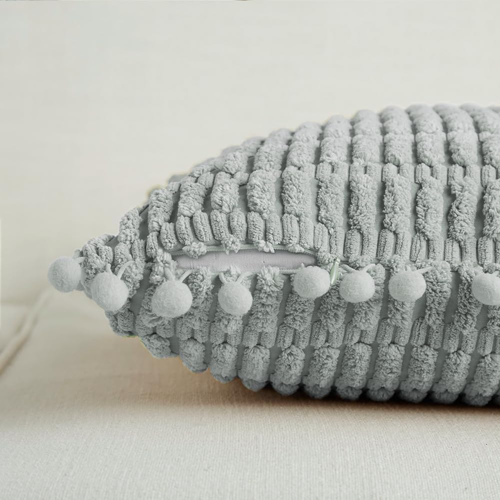 Fancy Homi Paquete de 2 fundas de almohada decorativas de granja azul grisáceo de 18 x 18 pulgadas con pompones para sofá y cama, decoración rústica