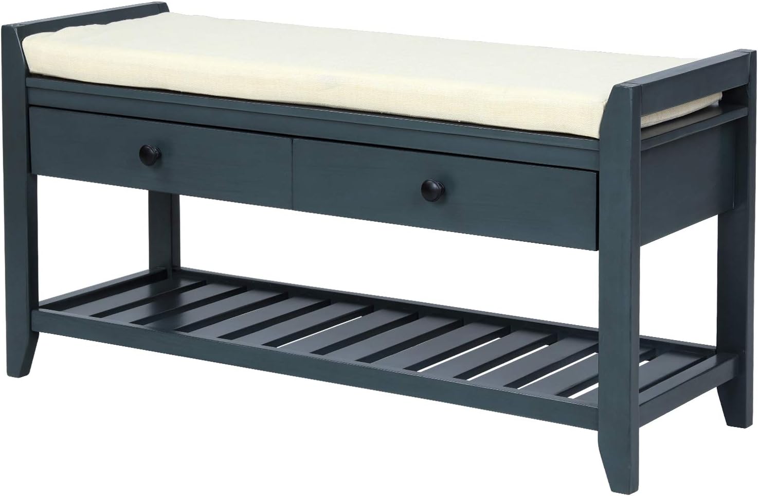 Knocbel Zapatero con 2 cajones, banco de almacenamiento de 39 pulgadas con asiento acolchado y estante inferior, bancos de mesa auxiliar para