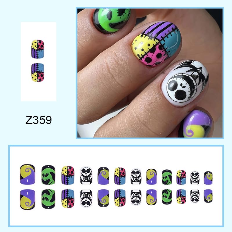 Uñas postizas cortas a presión con punta francesa de Halloween, uñas postizas coloridas cuadradas, con pegamento, cara de fantasma, uñas postizas