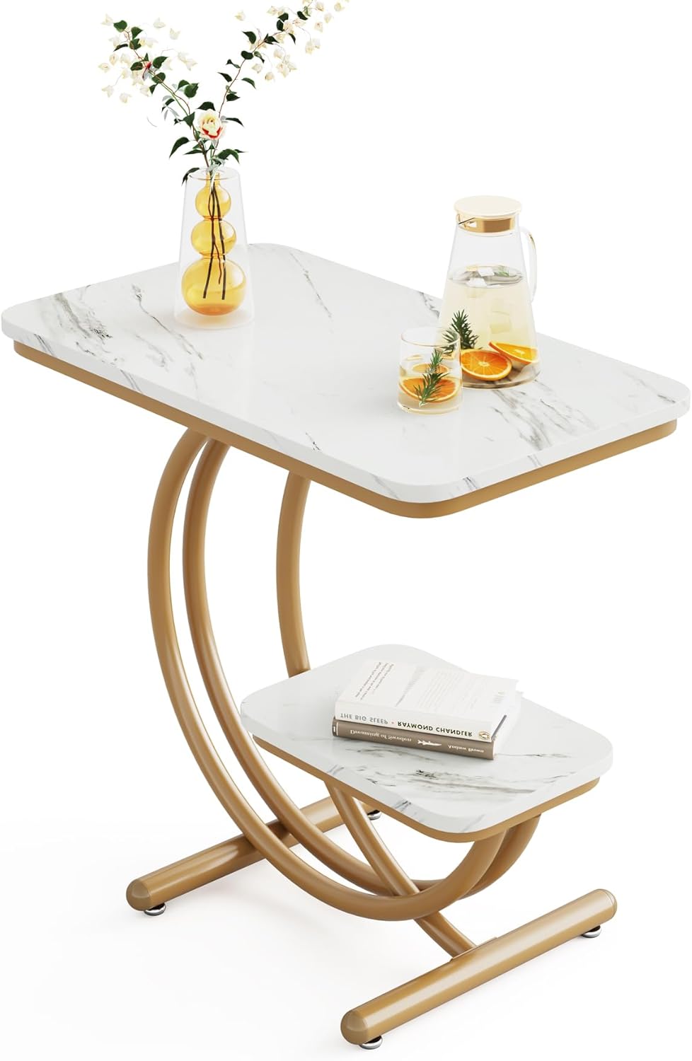 Mesa auxiliar moderna de 2 niveles con mesa de mármol sintético para sala de estar, mesita de noche en forma de C blanca y dorada para dormitorio,