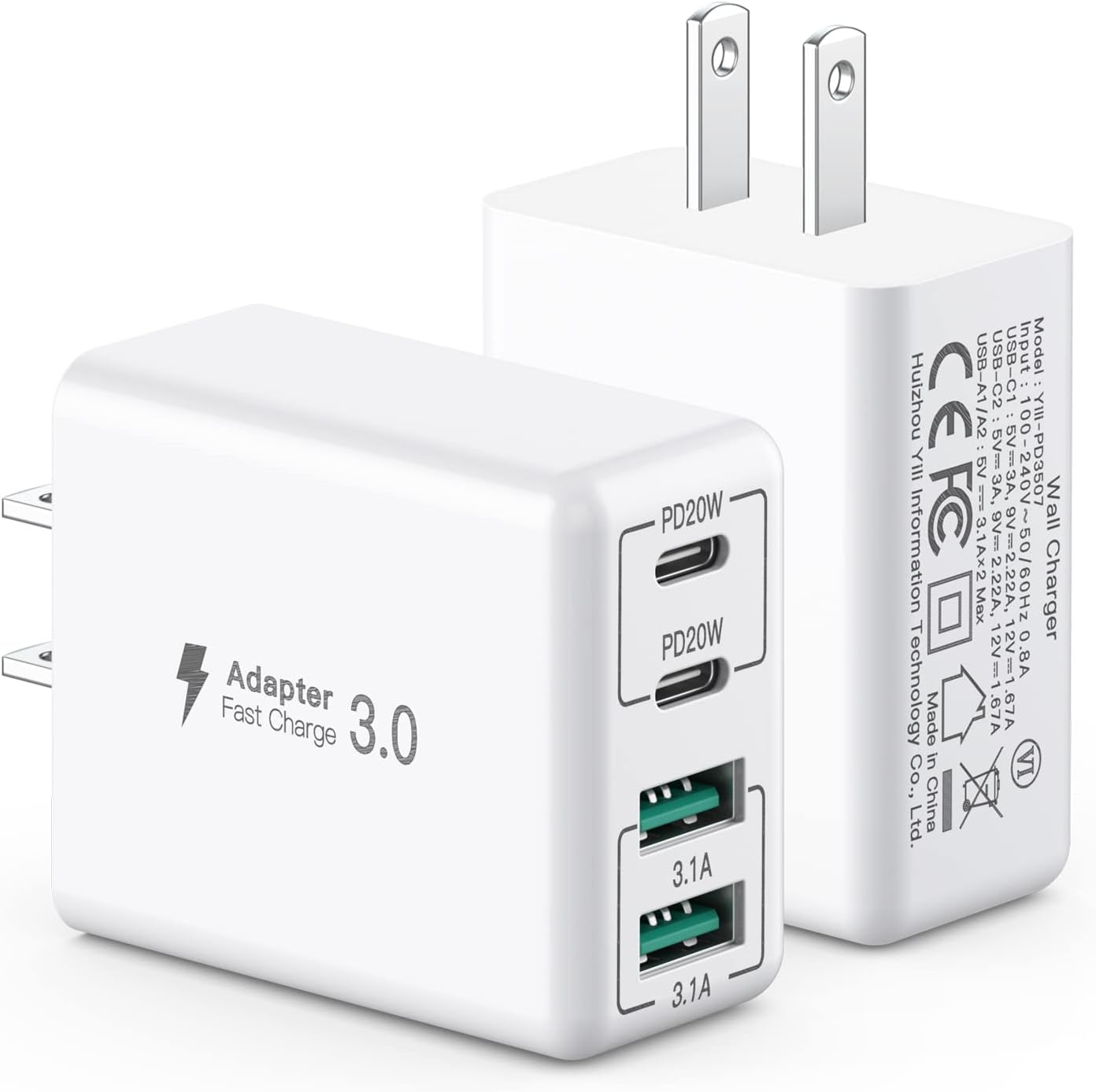 Paquete de 2 Cargador de pared USB C, bloque de cargador USB C de 40 W, bloque de carga rápida, doble puerto, PD+QC, enchufe de pared multipuerto