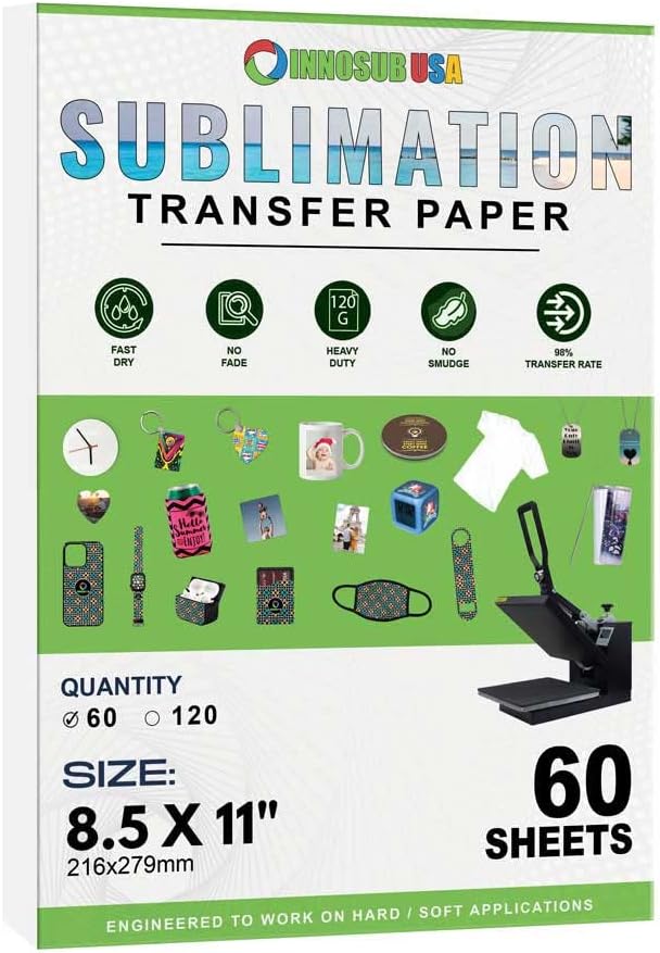 INNOSUB INNOSUB USA – Papel de transferencia de sublimación de tinte para impresoras de inyección de tinta (paquete de 60 hojas) de 8.5 x 11