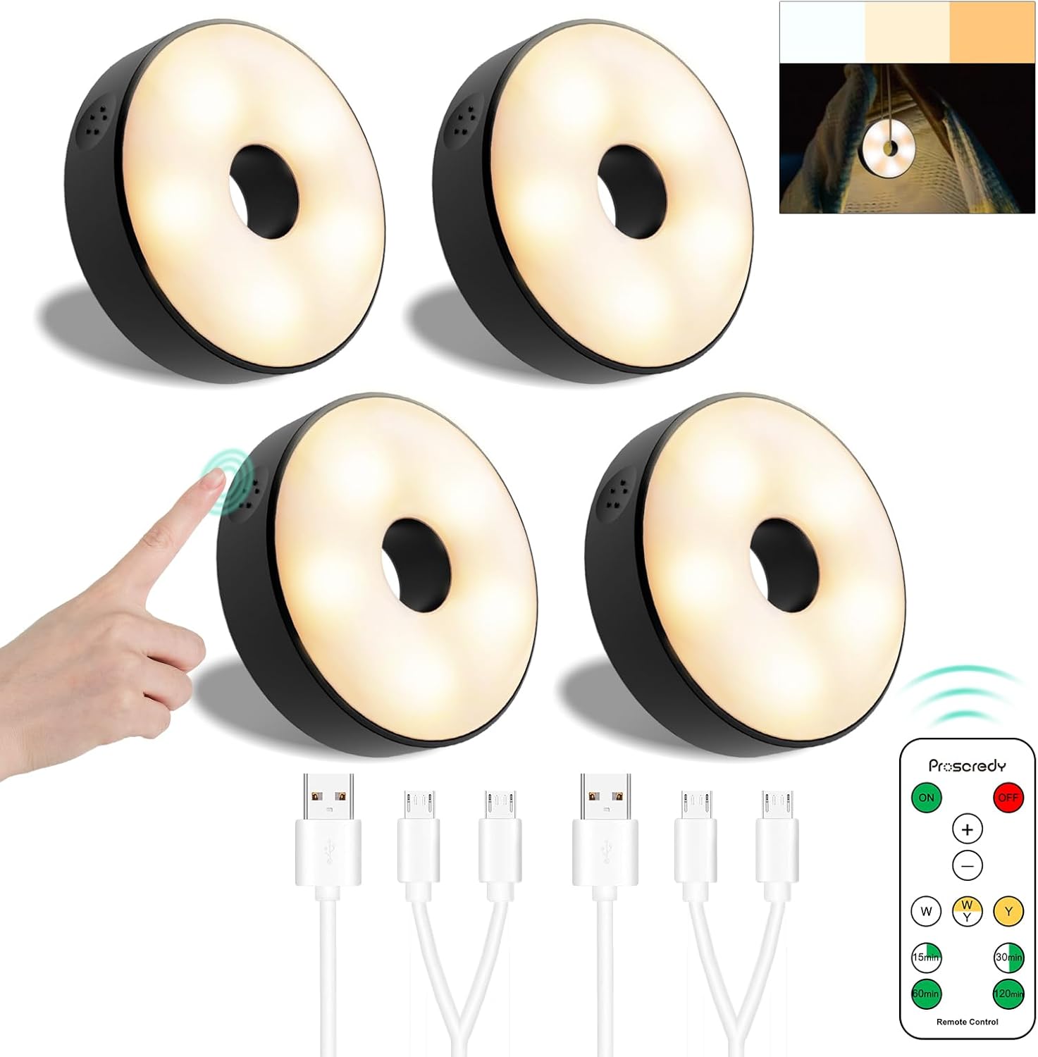 Luces de disco con control remoto, luces para debajo del gabinete, luces de armario con batería de 1600 mAh, paquete de 4, iluminación magnética