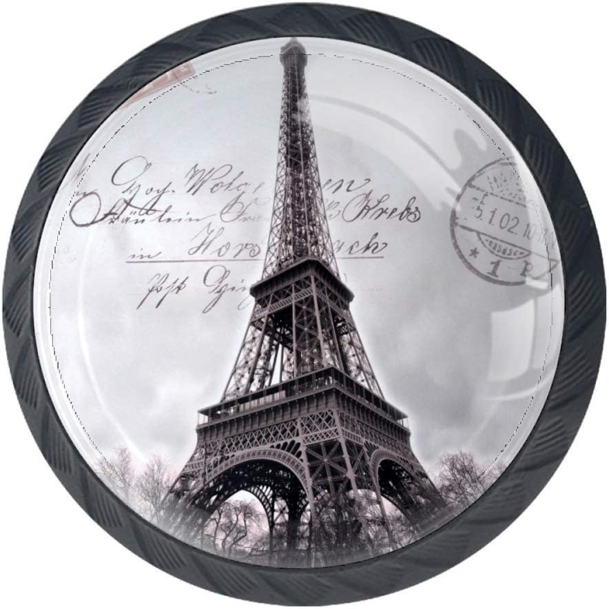 Pomo de cajón de 4 piezas, pomo de cajón París, sello de torre Eiffel de cristal con forma de círculo, tiradores de cajón de armario con tornillos
