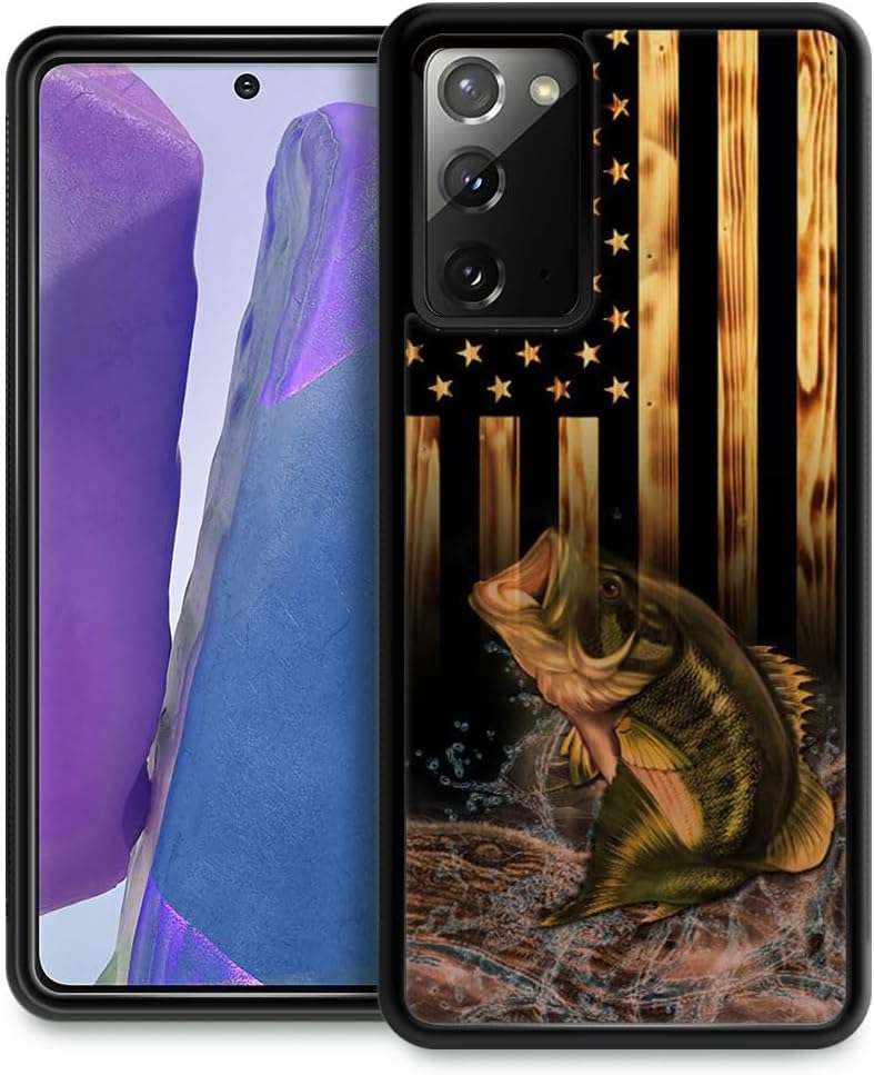 DJSOK Funda compatible con Samsung Galaxy Note 20, diseño de madera con diseño de peces de bandera estadounidense + funda protectora de silicona