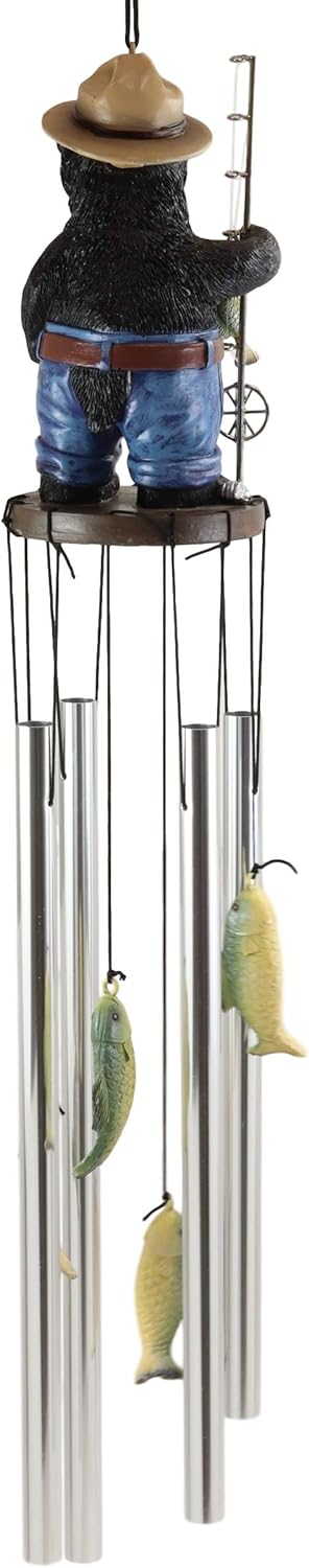 Ebros Gift Figura rústica de Hillbilly de pesca de campo occidental con caña y bajo, figura de corona, campanilla de viento resonante con peces