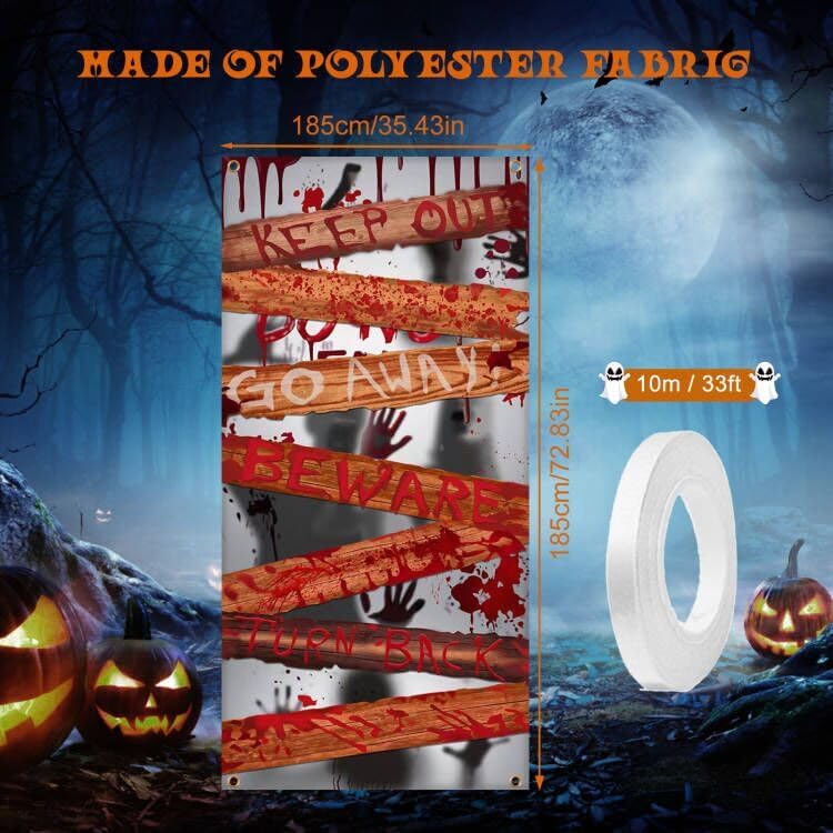 Large Halloween Zombie Door Cover, 35X73 Inch Bloody Handprint Halloween Front Door Cover Decoration Shadowy Figure Halloween Poster Scary Haunted