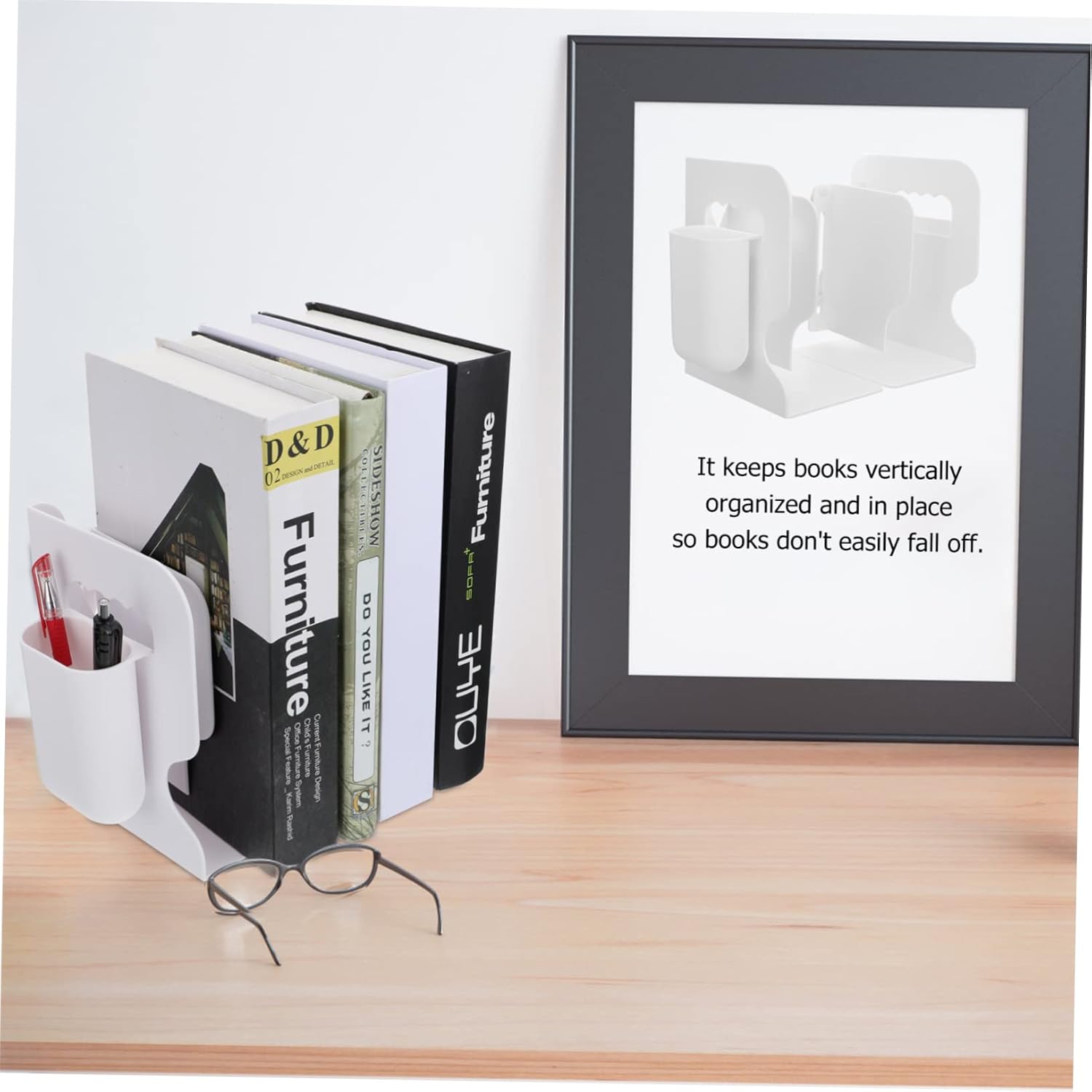 Veemoon Organizador de plástico para libros, organizador de mesa, resistente, sujetalibros de metal para el hogar, sujetalibros plegable,