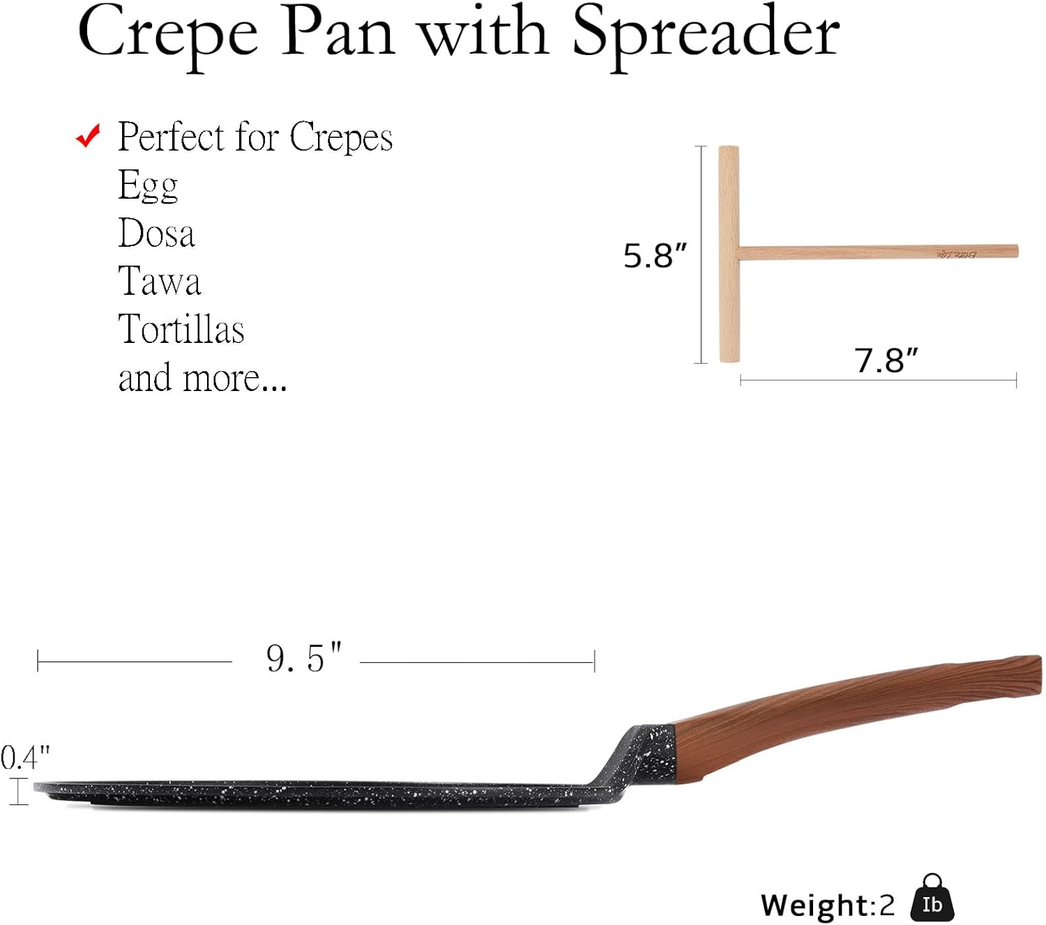 ESLITE LIFE Sartén antiadherente para crepas con esparcidor, sartén plana con revestimiento de cerámica de 9.5 pulgadas, sartén para tortilla Tawa