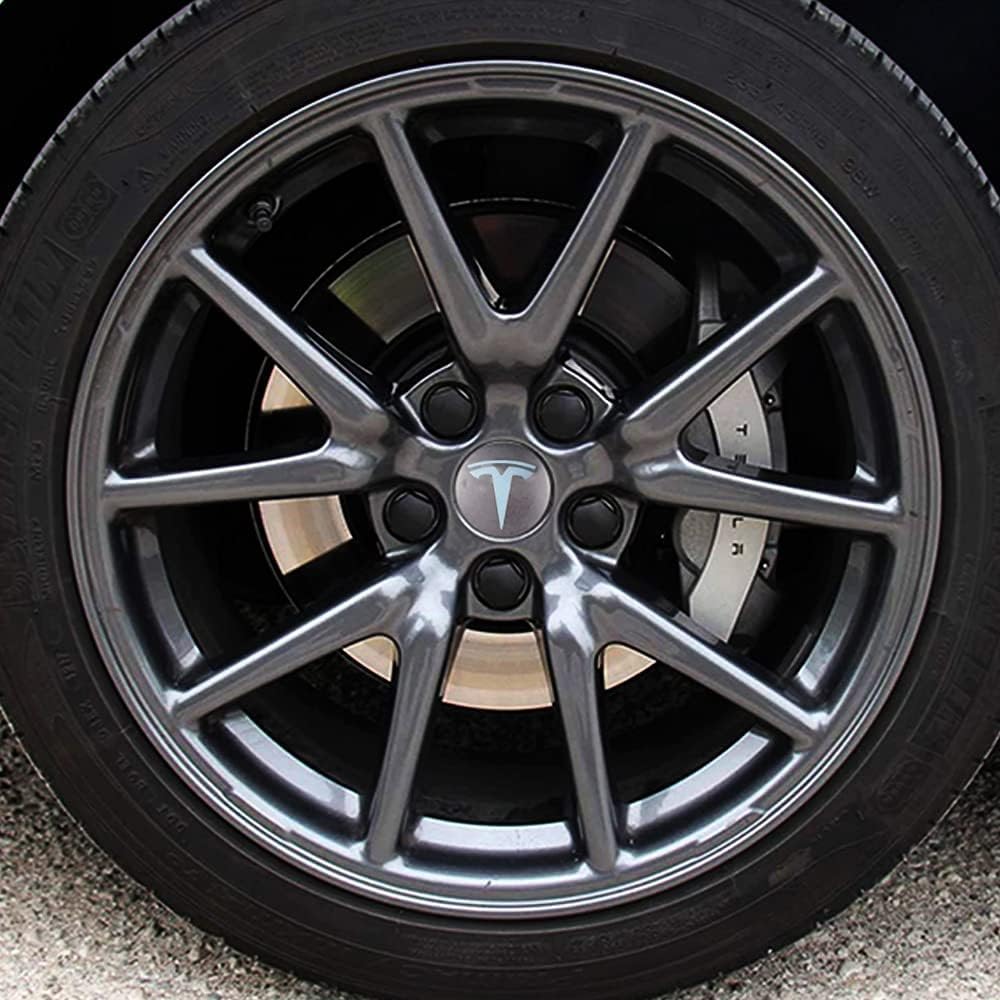 Calcomanías adhesivas con logotipo en T para llanta de rueda de tapa central, 5 piezas compatibles con Tesla Model 3 e Y plateado