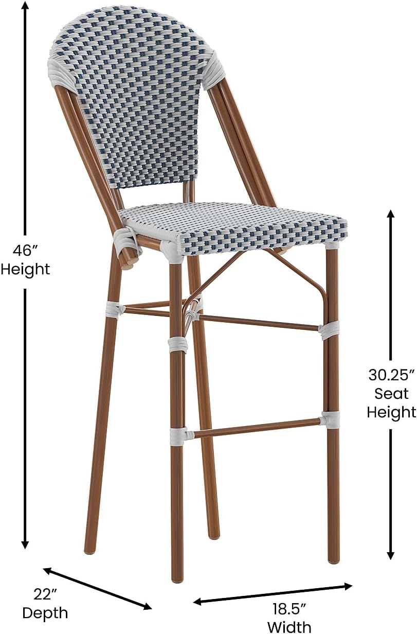 Flash Furniture Lourdes Taburete de bar francés de grado comercial, apilable para interiores y exteriores, 30 pulgadas de alto, acabado blancoazul