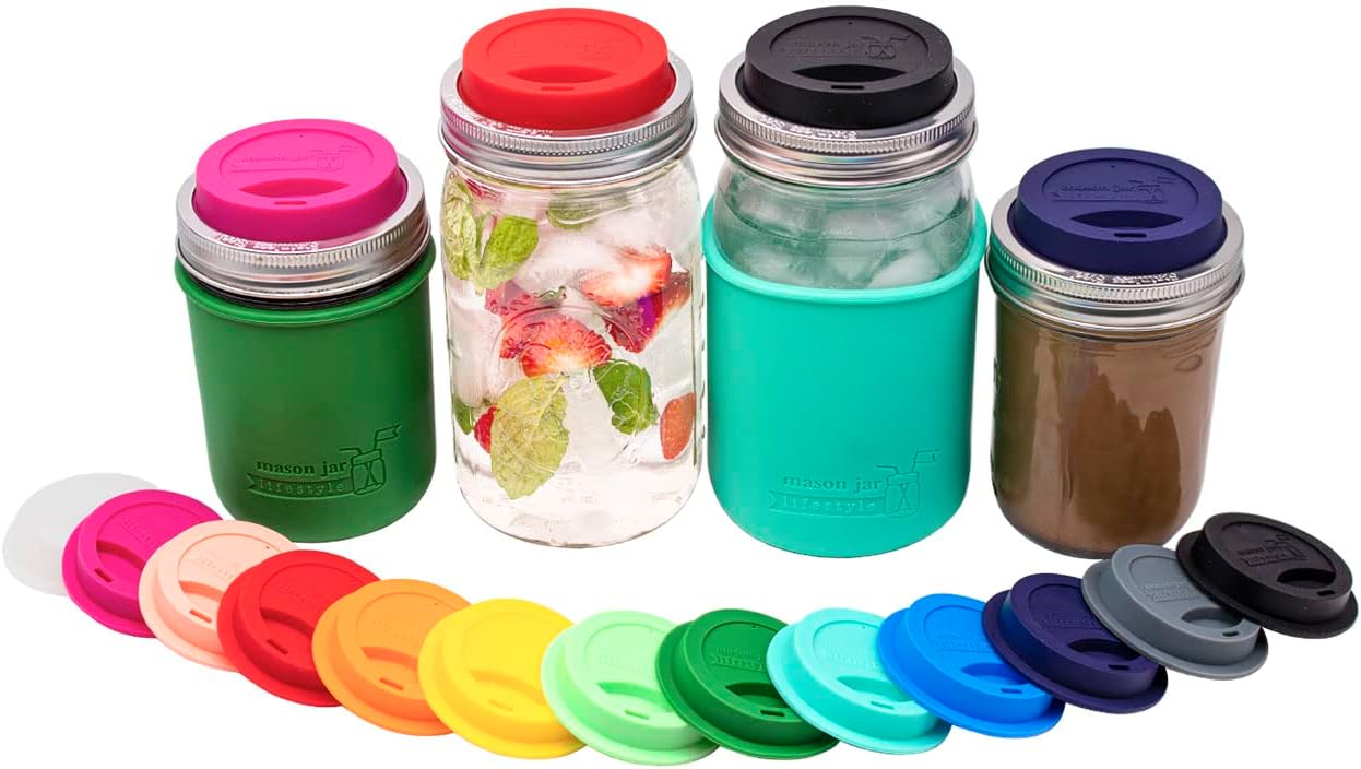 Mason Jar Lifestyle – Tapas de silicona para beber con bandas de acero inoxidable a prueba de óxido (paquete de 2, aguamarina, boca regular)