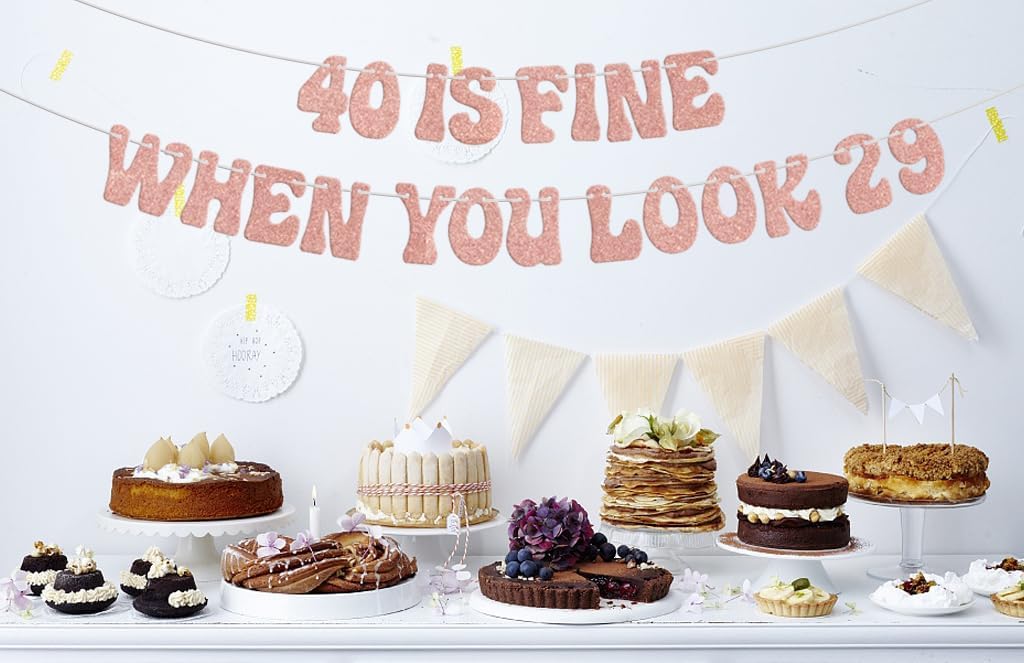 Cartel con texto en inglés 40 is Fine When You Look 29, decoraciones de feliz cumpleaños 40, Hello 40, divertida decoración de fiesta de aniversario
