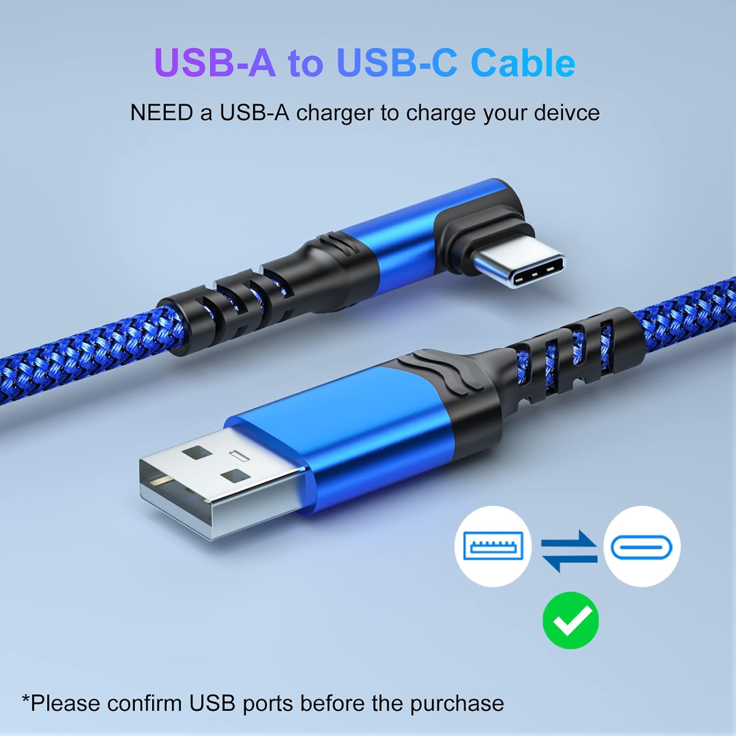 Cable corto USB tipo C, paquete de 3 unidades de 3 A USB C de carga rápida en ángulo recto enchufe trenzado USB a USB c 90 grados L en forma de