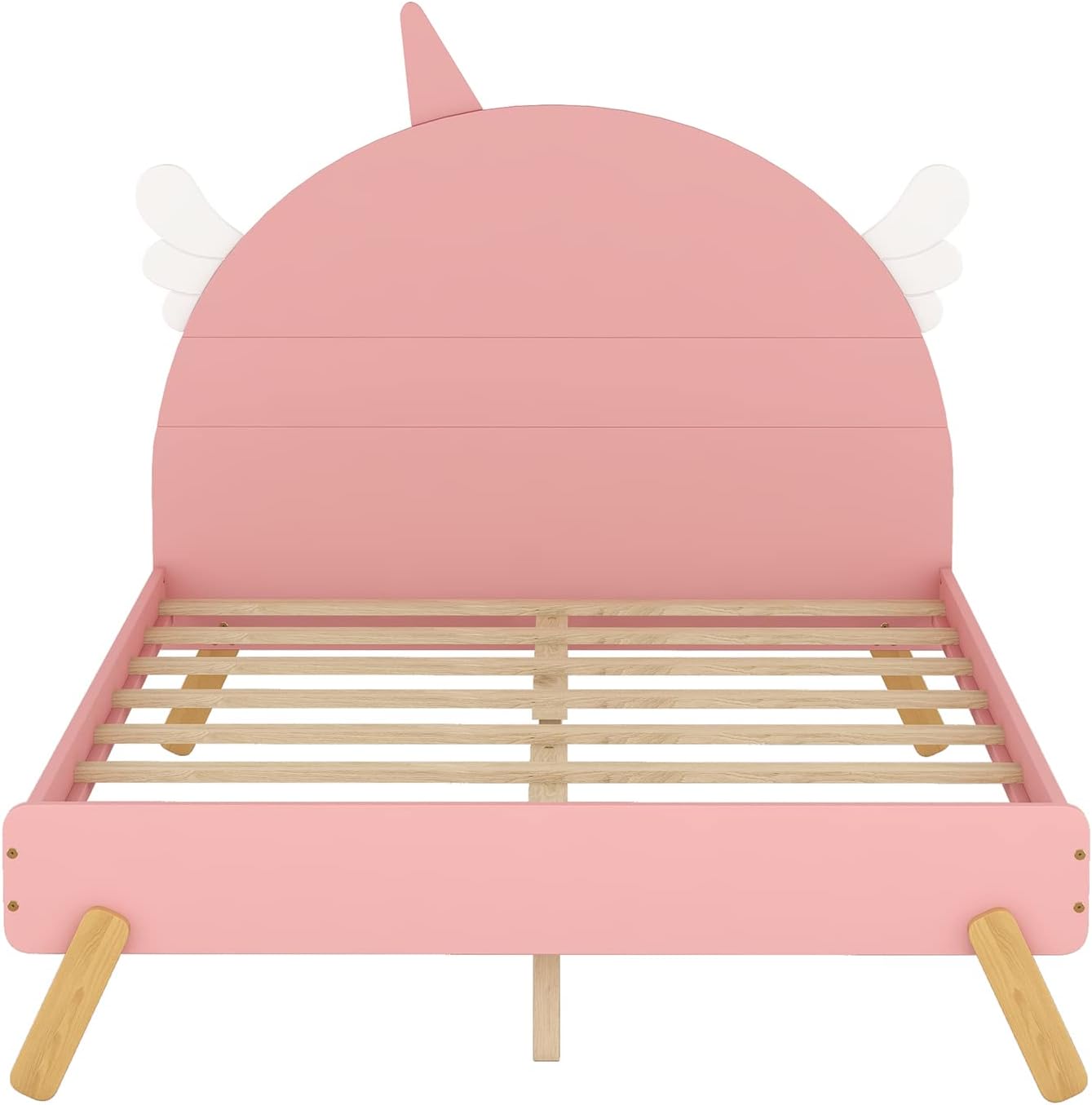Cama de plataforma de tamaño matrimonial con cabecera en forma de unicornio, marco de cama de madera con soportes de listones, cama de tamaño