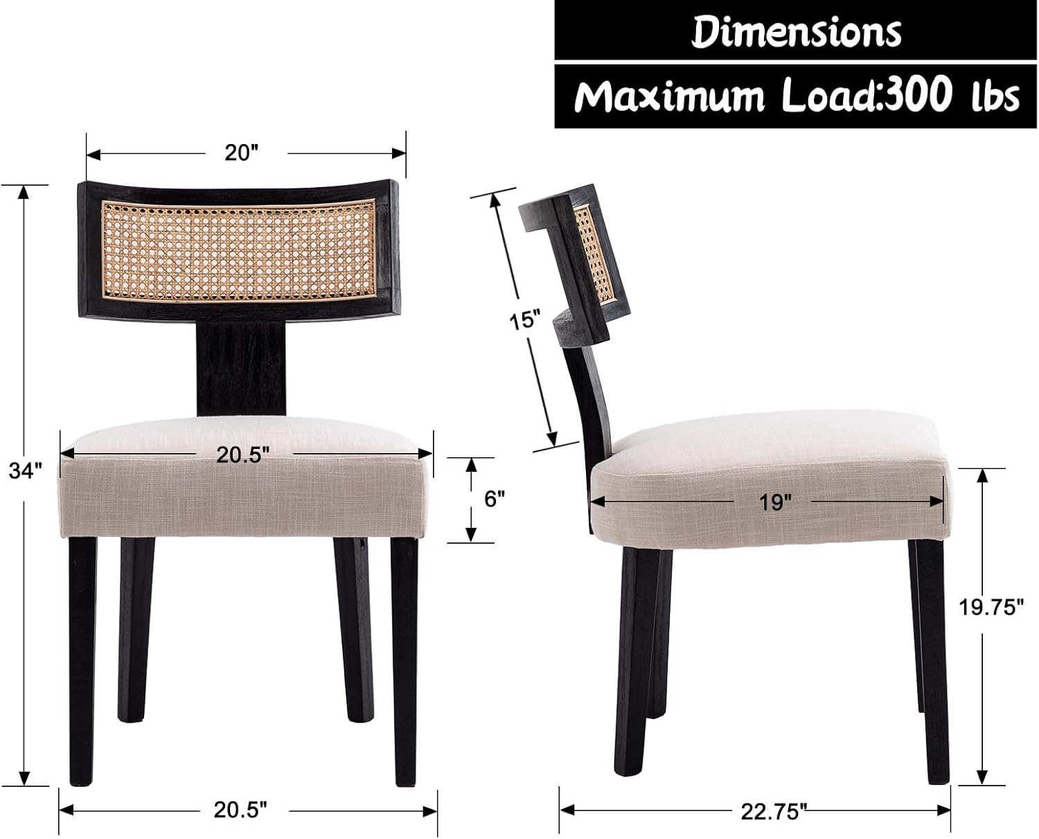 Shunzhi Juego de 2 sillas de comedor tapizadas estilo casa de campo, modernas de mediados de siglo, sillas de cocina de lino de ratán, sillas