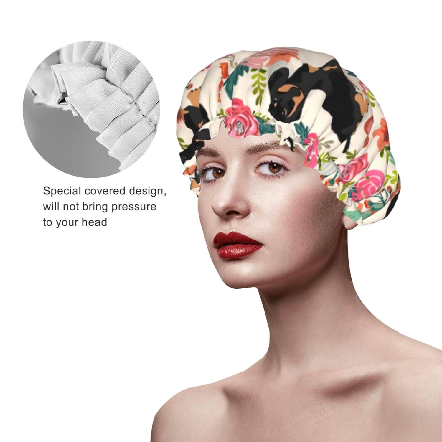 Gorro de ducha floral para mujer, elástico y reutilizable, doble capa impermeable