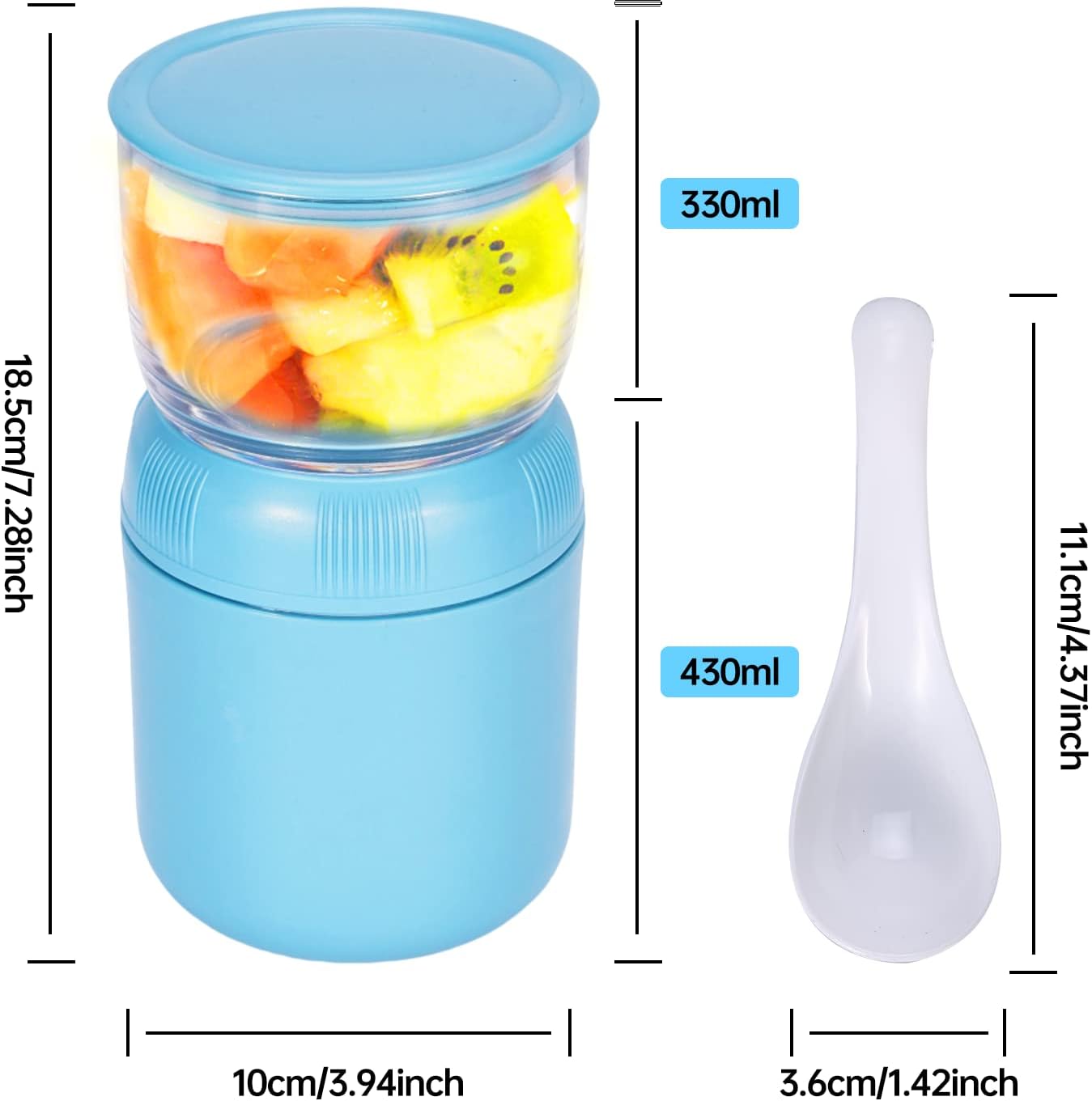Blue – Juego de 3 soportes unisex para comidas, polipropileno y acero inoxidable, incluye cuenco para cereales, taza de leche y cuchara, apto para