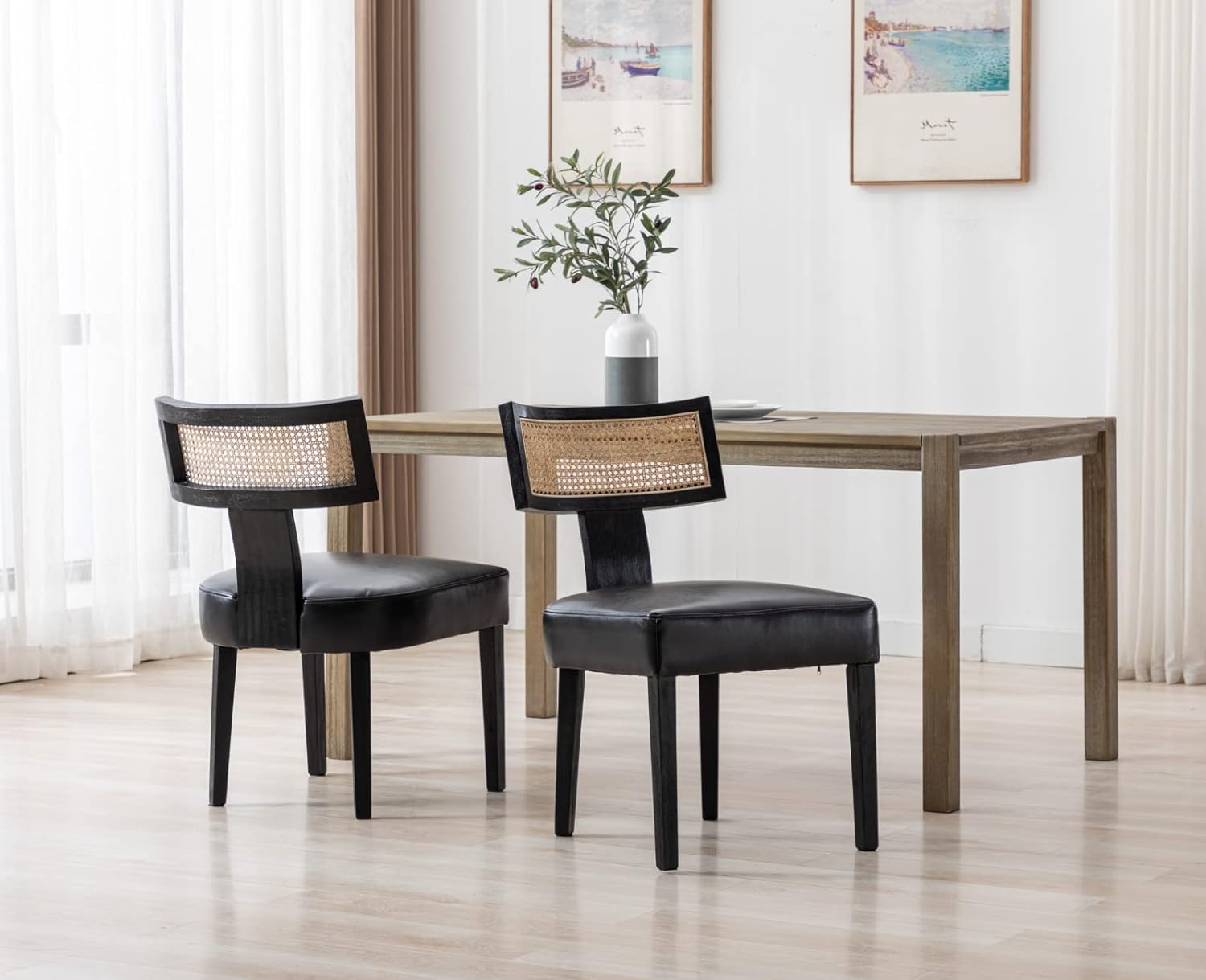 Shunzhi Juego de 2 sillas de comedor tapizadas de piel sintética, modernas de mediados de siglo, sillas de comedor de ratán estilo granja, sillas