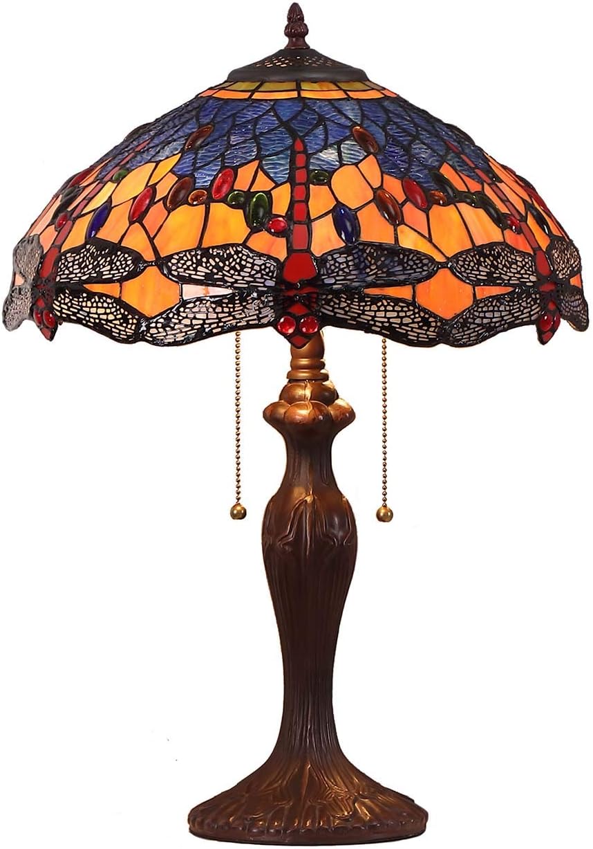 Bieye L10690 Dragonfly Tiffany Style – Lámpara de mesa con pantalla de diseño complejo de 16 pulgadas de ancho y base de metal, azul naranja, 16