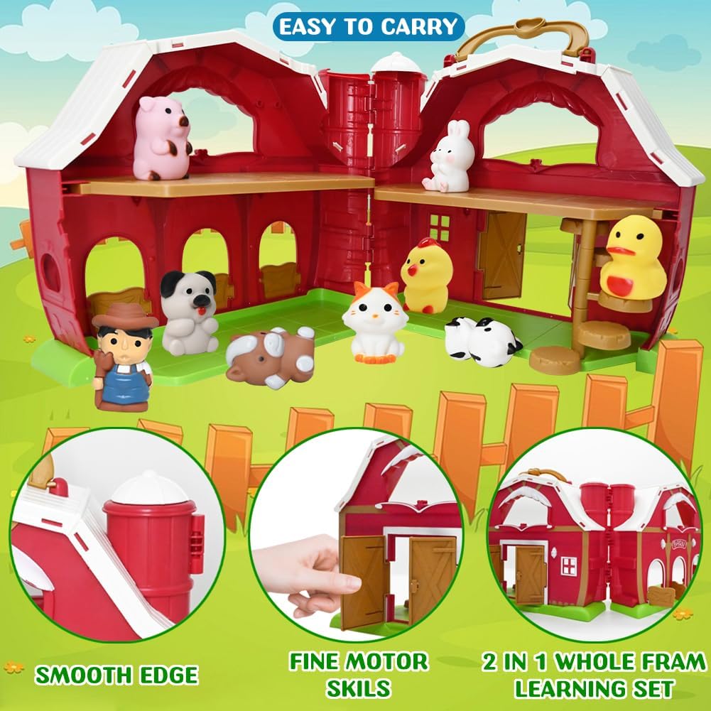 Big Red Barn Farm Animal Toy para niños pequeños de 1, 2 y 3 años, juguetes de aprendizaje Montessori preescolar, juego de granja de simulación con