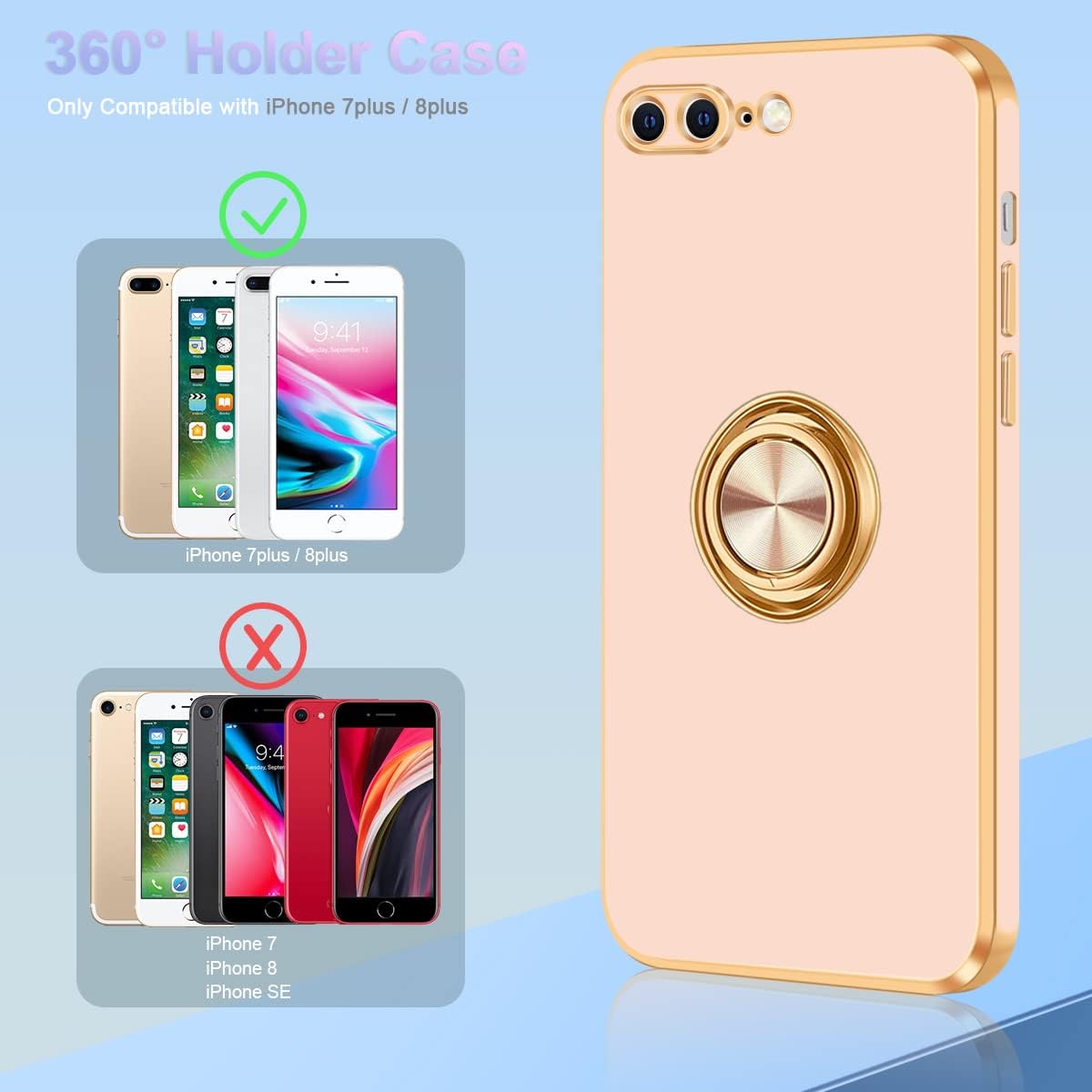 Fingic Funda para iPhone 7 Plus, iPhone 8 Plus con soporte de anillo, soporte delgado y delgado, soporte magnético para automóvil para mujeres y