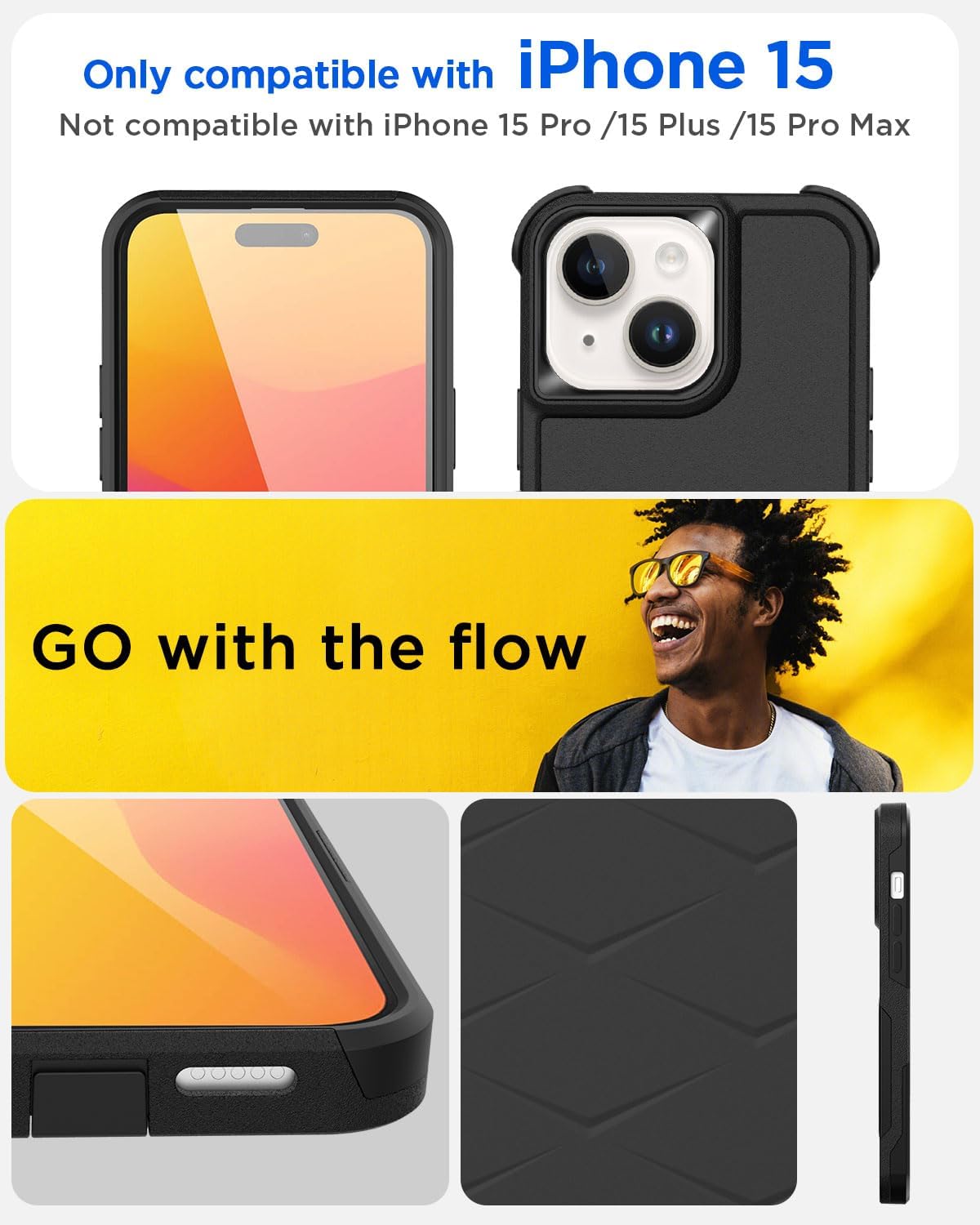 AICase Funda con clip para cinturón para iPhone 15 con protector de pantalla de cristal, resistente contra caídas, cuerpo completo, resistente a