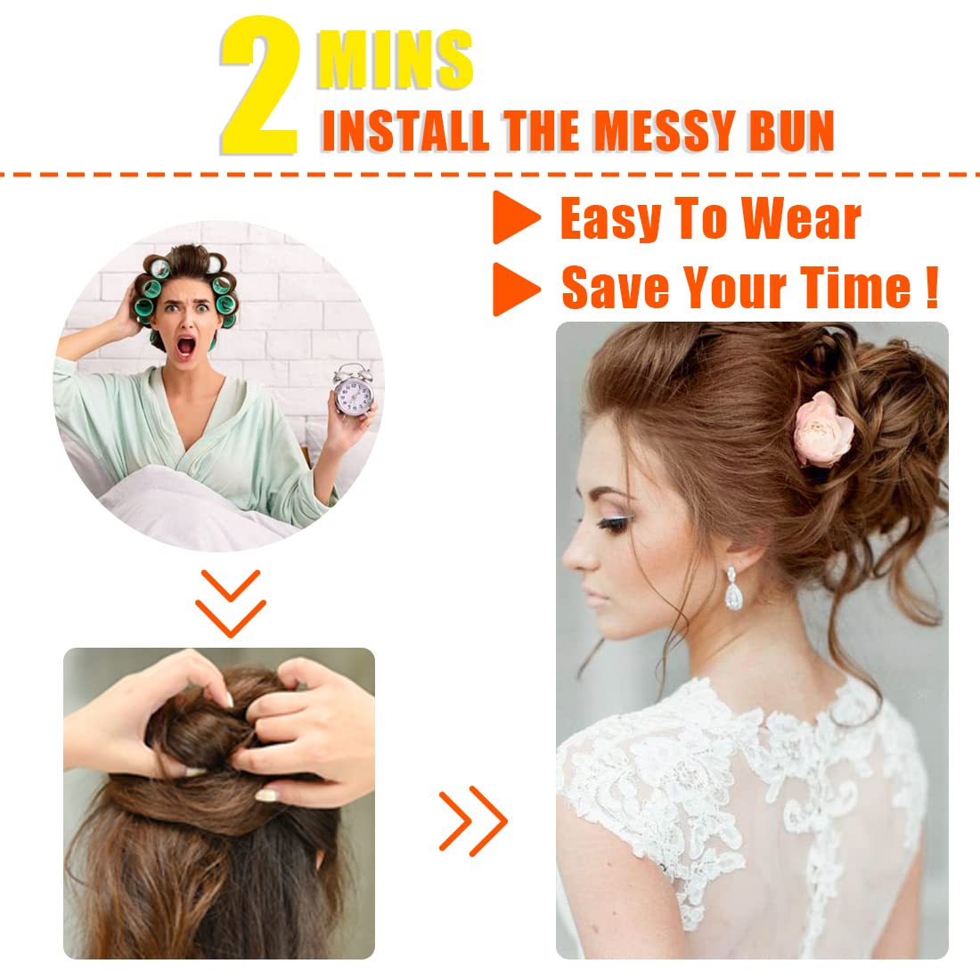 Qunlinta Extensiones de cabello largo ondulado con moño despeinado, extensiones de cabello ondulado para cola de caballo con banda elástica para