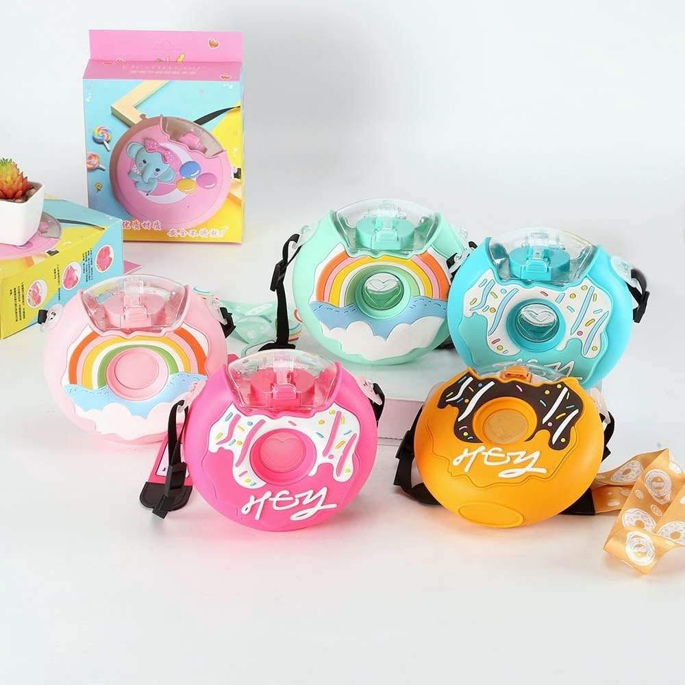 Botella de agua Kawaii Donut con popote para niños y niñas, bonita tetera portátil con correa sin BPA a prueba de fugas, taza de agua para la