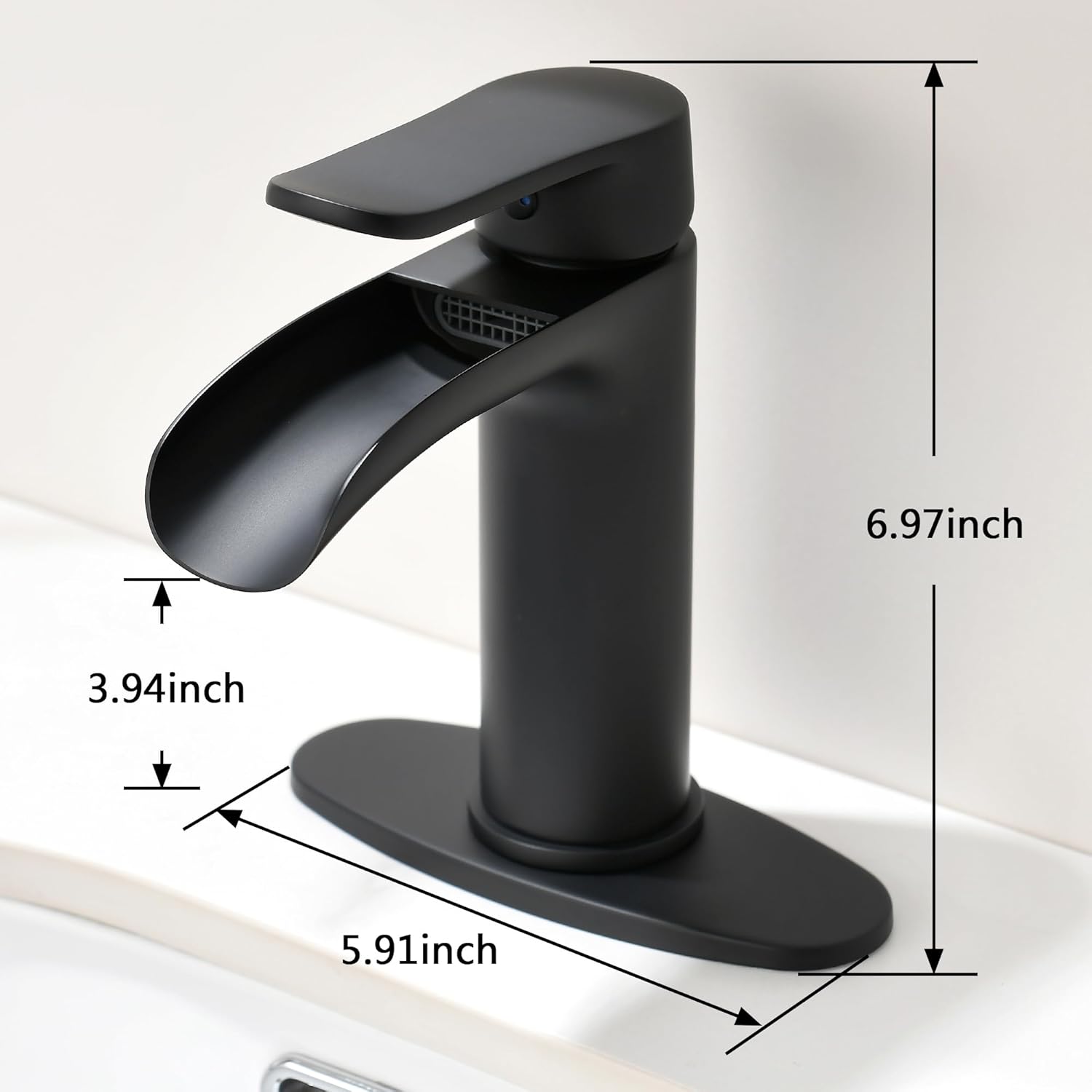 BRAVEBAR Grifo de baño de cascada negra, grifos de lavabo de baño de 4 pulgadas para 1 agujero, latón macizo, moderno grifo de tocador de una sola