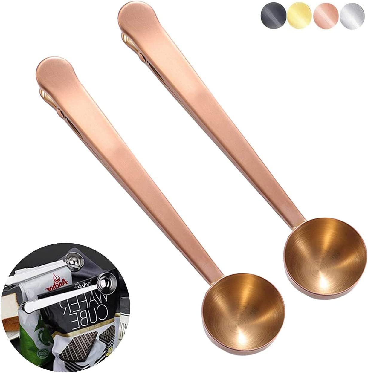 Paquete de 2 cucharas de café, cucharas medidoras de acero inoxidable con clip para bolsa de café molido, expreso, granos de café (oro rosa y oro