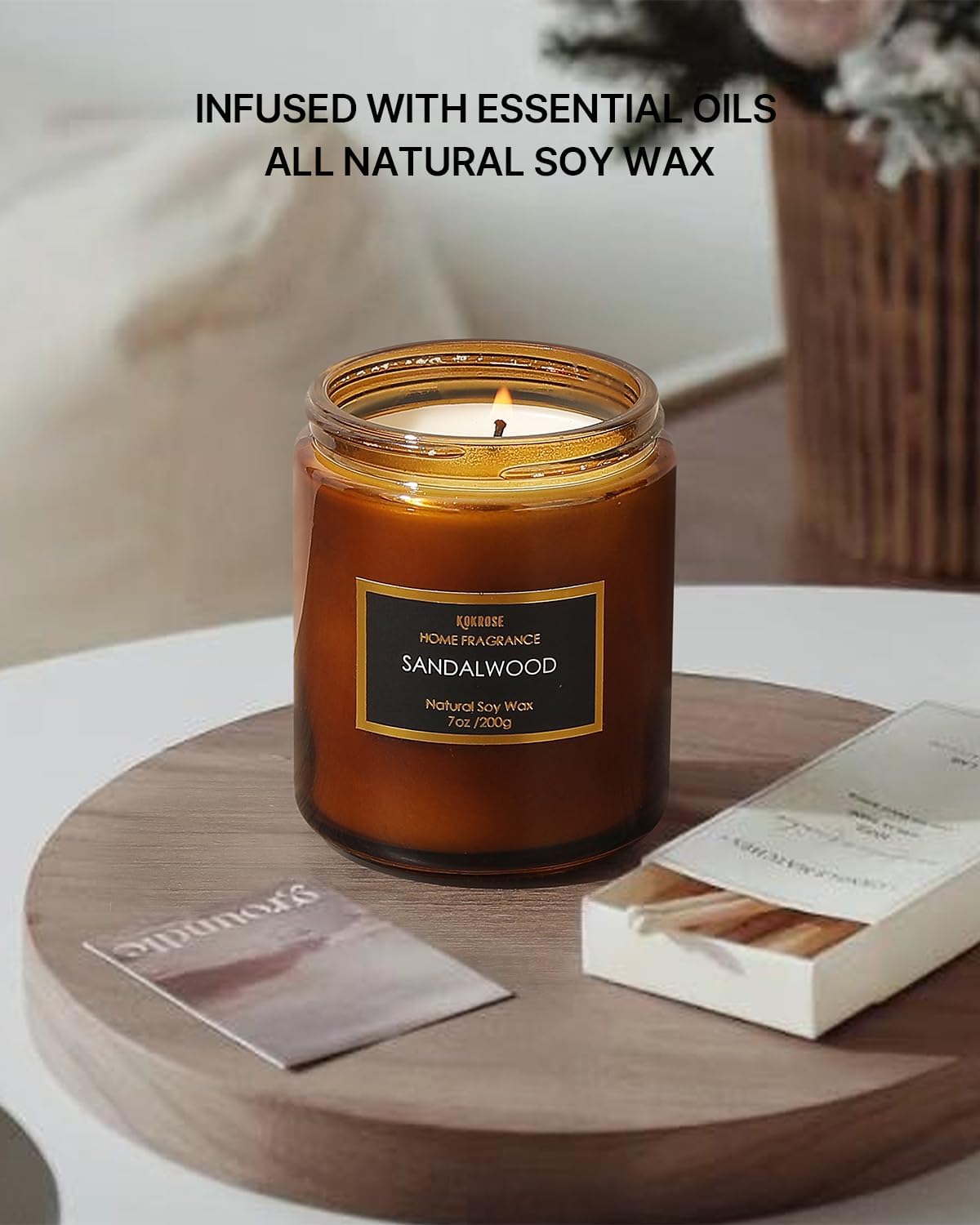 Vela de sándalo en tarro marrón de aromaterapia, cera de soja 100% natural, bonita vela para aliviar el estrés para mujeres, vela de sándalo para