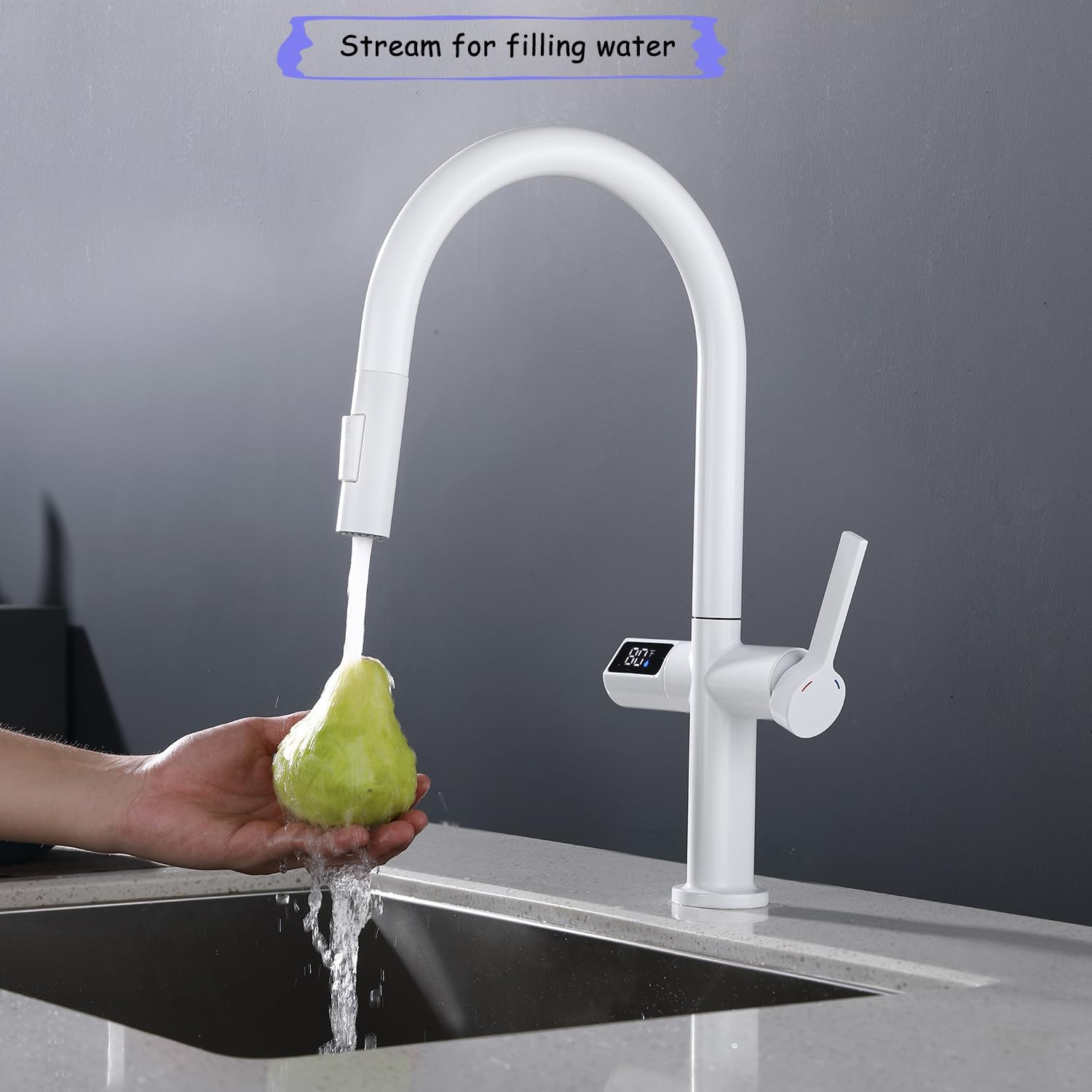 Avola Grifo de fregadero blanco con pantalla de temperatura, grifo de cocina extraíble resistente a la corrosión con pulverizador, grifo de cocina