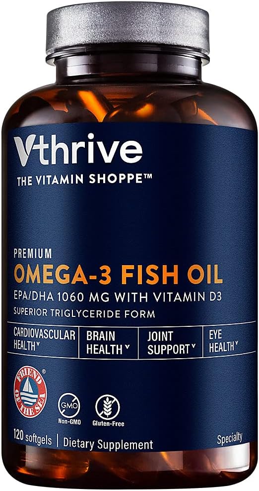 Vthrive Aceite de pescado omega-3 premium con vitamina D3 – Apoya la salud cardiovascular – 1,060 EPADHA (120 cápsulas blandas)
