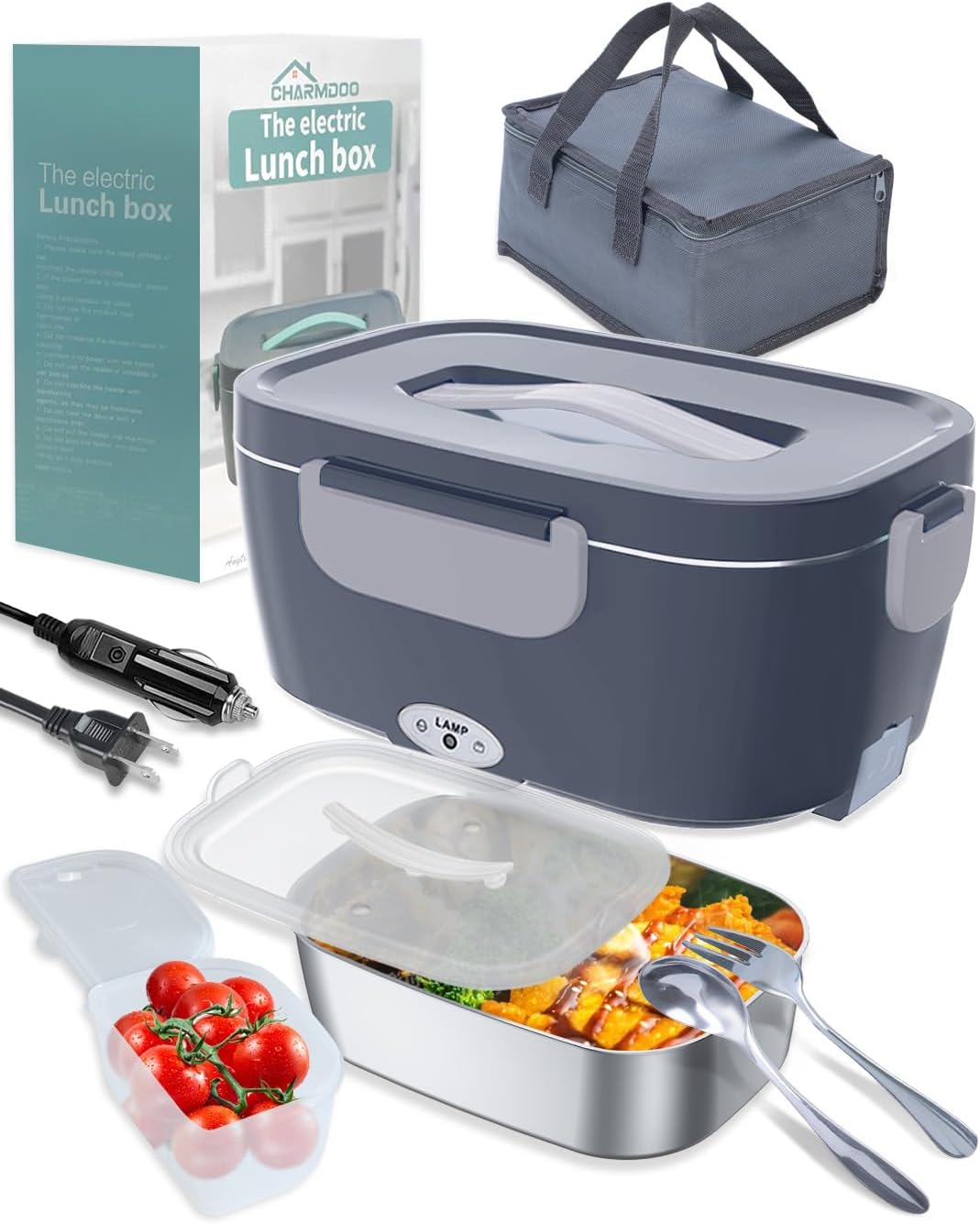 CHARMDOO Lonchera eléctrica de 80 W, calentador de almuerzo portátil para adultos, automóvil, camión, oficina, 1224110 V, lonchera de calentamiento