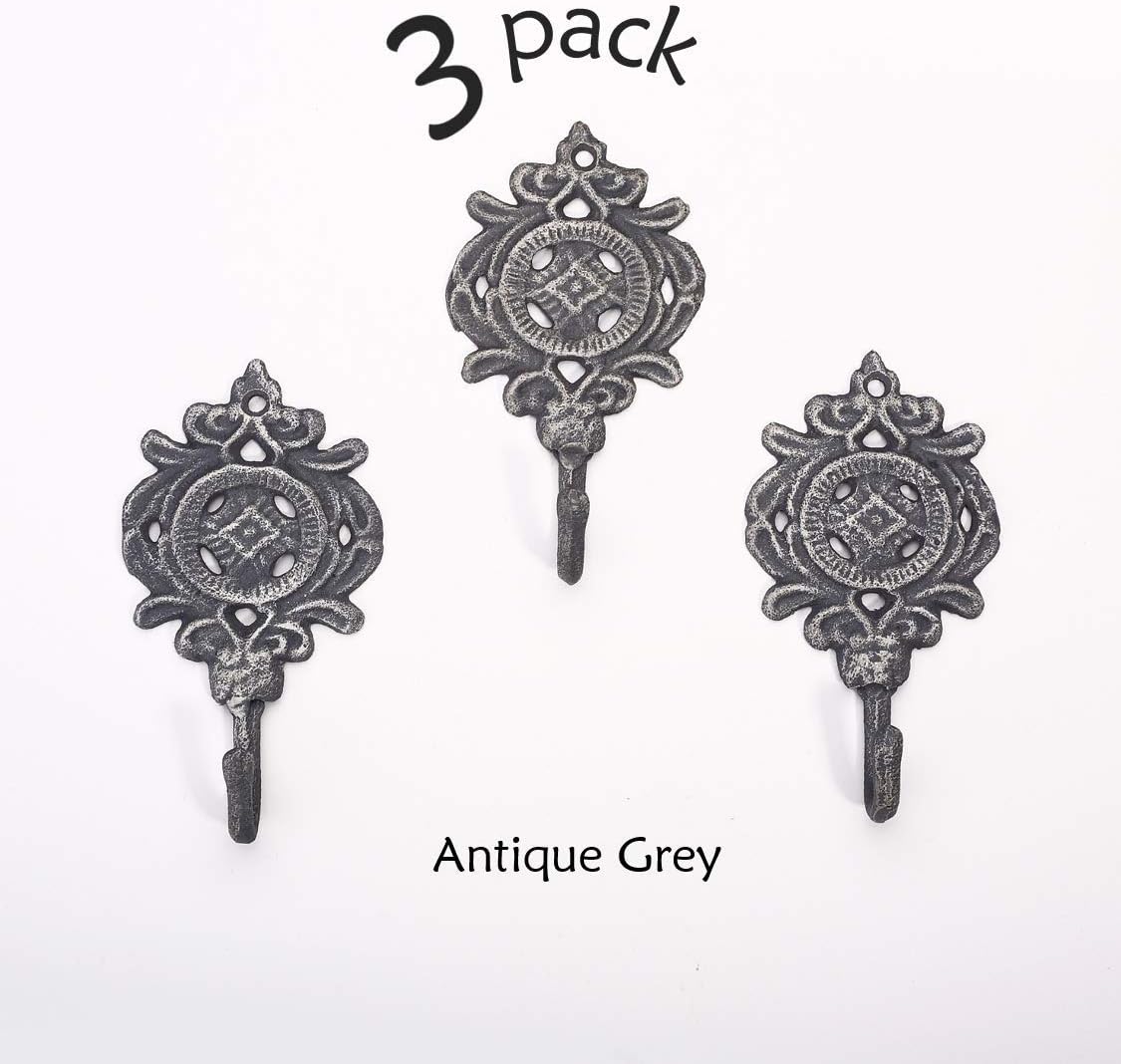 Ambipolar Gancho de hoja india, estilo antiguo, decorativo, vintage, resistente, para pared, paquete de 3 ganchos (gris mate)