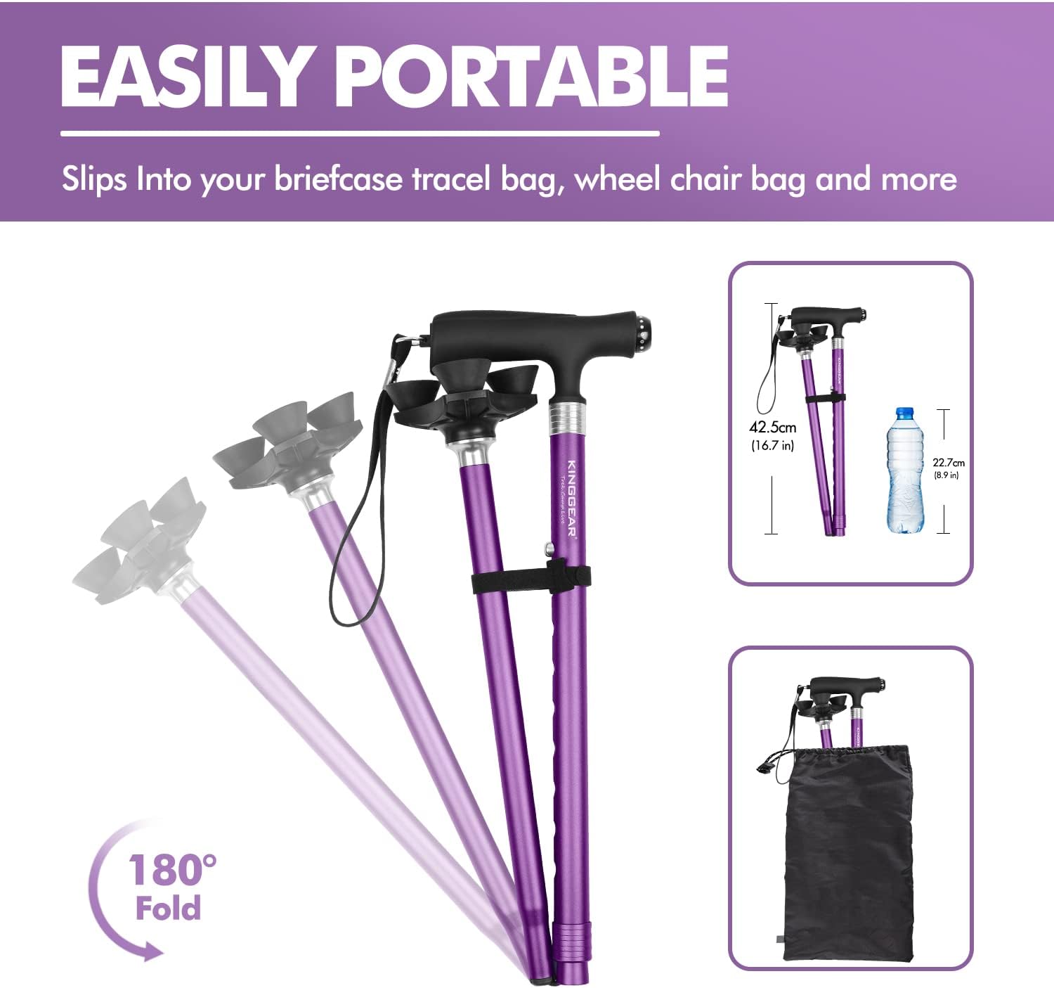 KINGGEAR Walking Cane for Women & Men, Adjustable Lightweight LED Walking Stick with Autonomous Standing, Large Sturdy 360 Swivel Base Crutches Cane