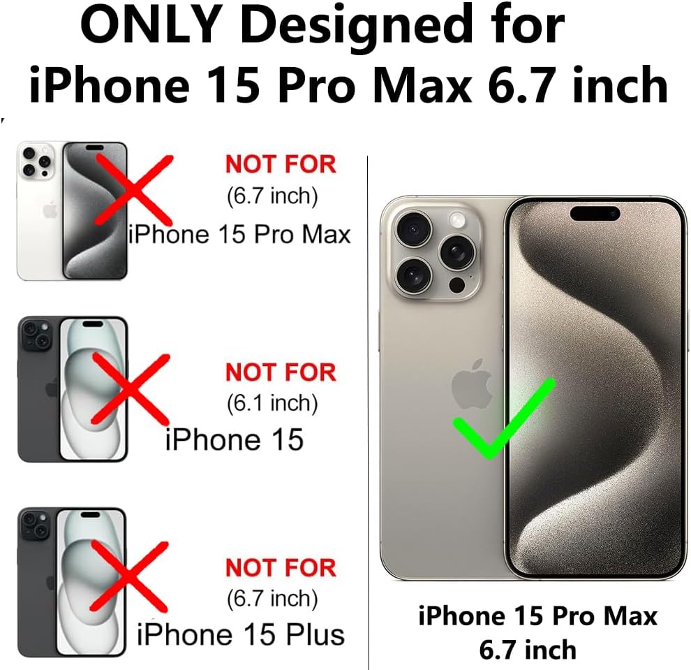 Funda para iPhone 15 Pro Max, con protector de pantalla y funda para cámara, grado militar 16 pies. Funda a prueba de caídas con función de atril